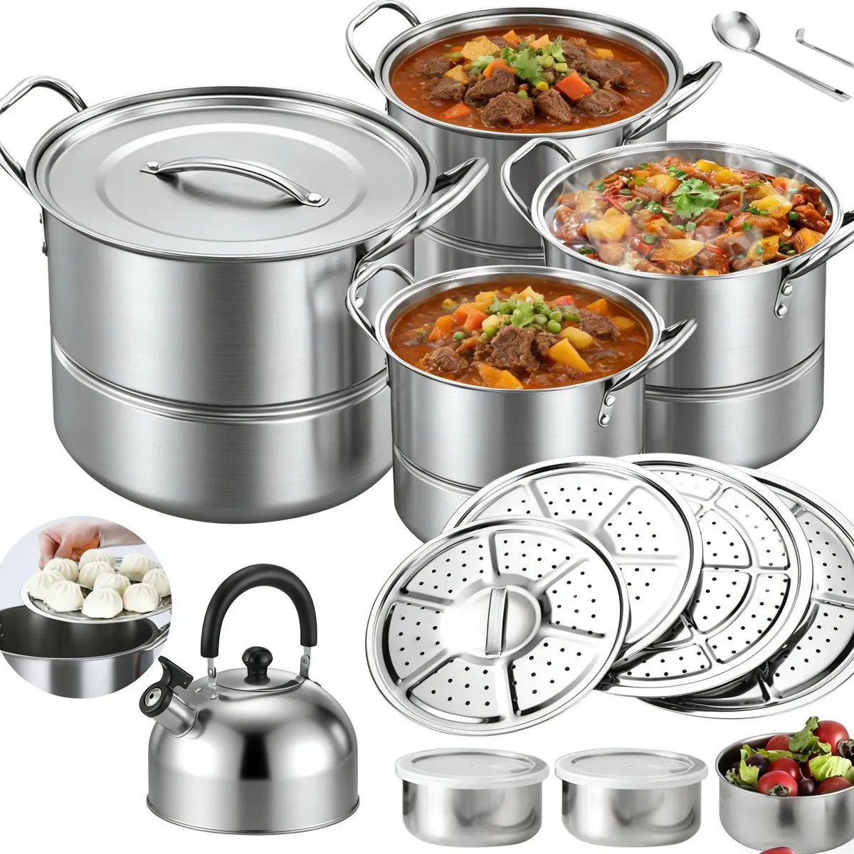 Batería de Cocina NOVRY de Acero Inoxidable, 15 Piezas con Hervidor y Crisper