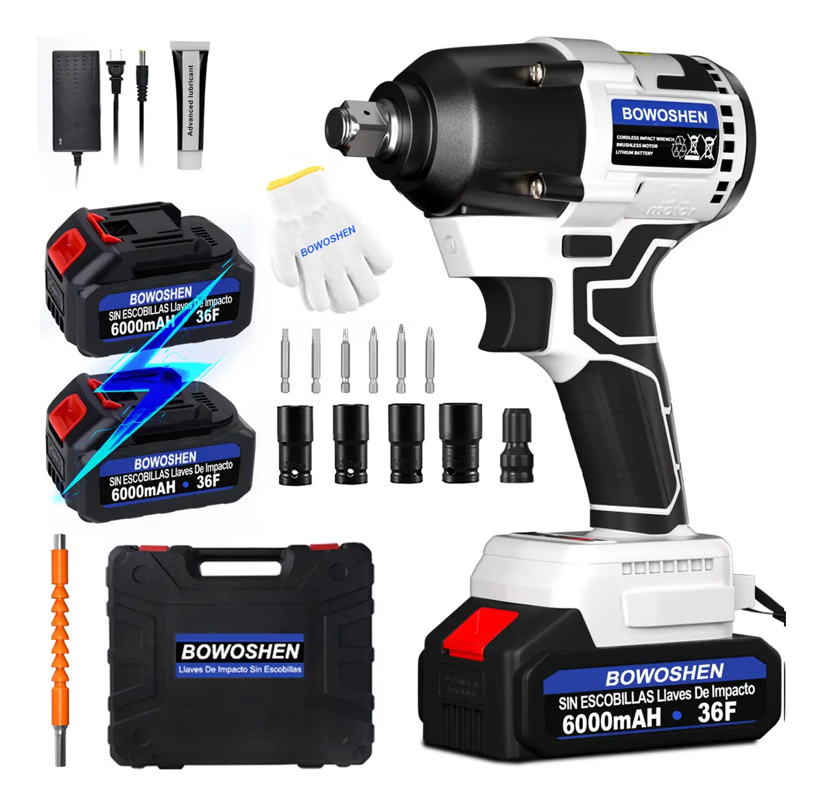 Pistola De Impacto Eléctrica 600N.m BOWOSHEN Llave De Impacto Blanco Desatornillador Inalámbrica Motor Sin Escobillas Con 2 Baterías Y 14 Accesorios Y Estuche