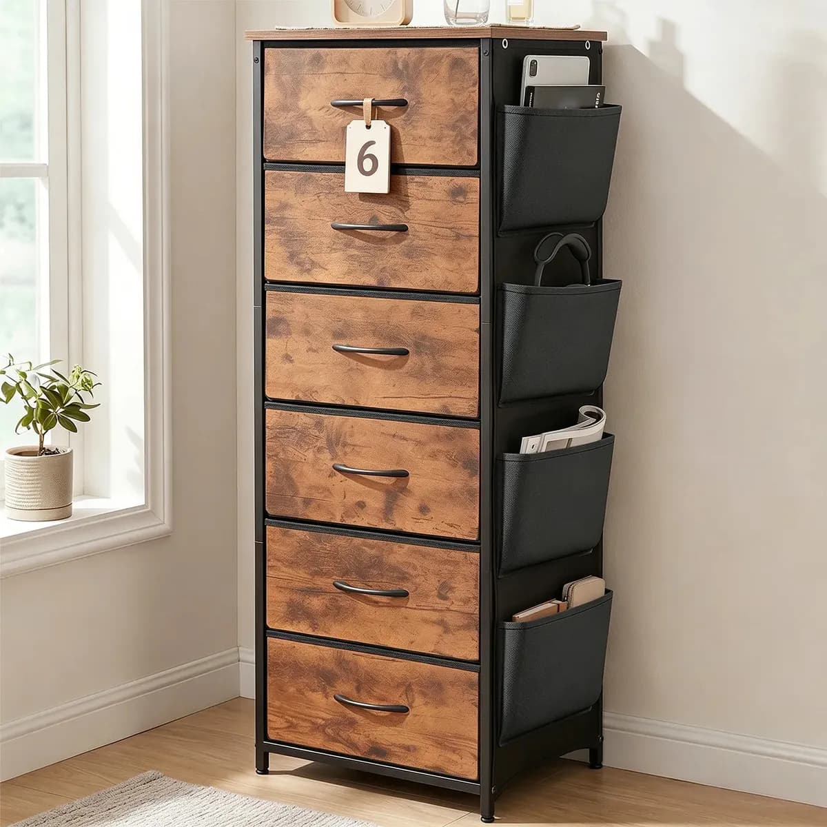 Furrific Cómoda Cajonera Alta De 6 Cajones Con 4 Bolsillos Laterales, Organizador De Ropa Para Dormitorio, Clóset Y Mueble De Almacenamiento, 41x30x115 Cm