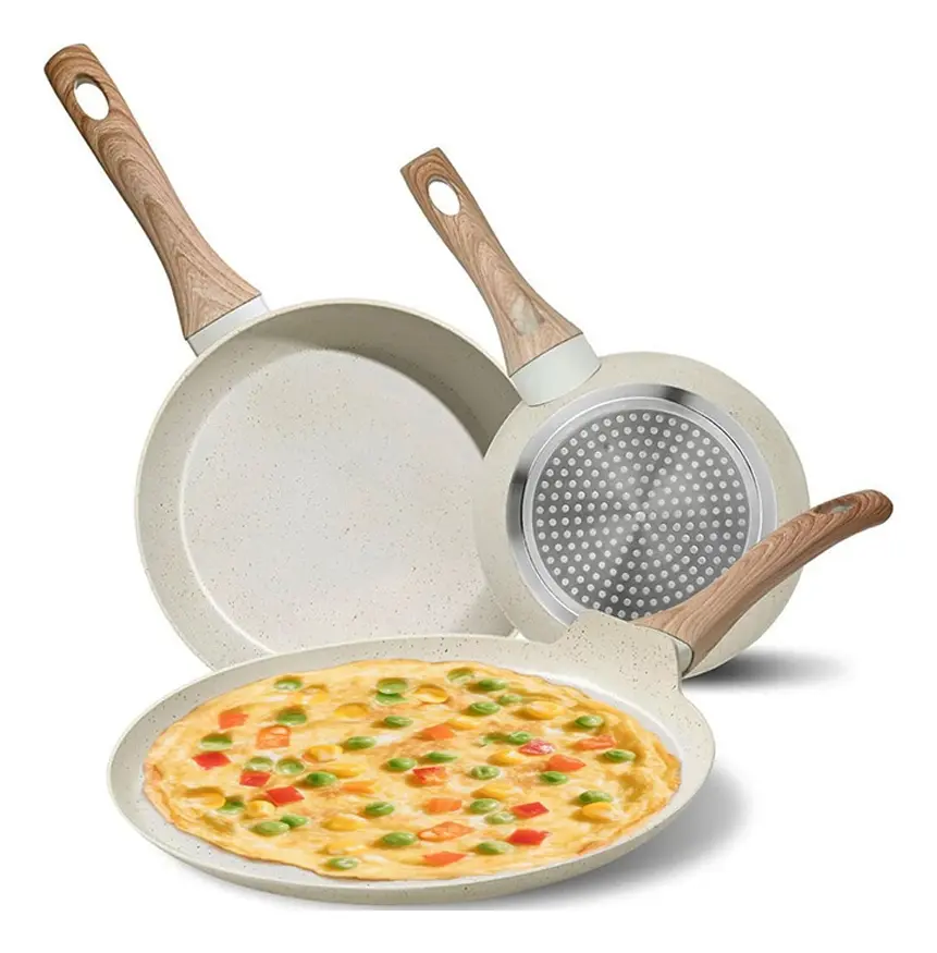 XINEST Juego De 3 Sartenes Antiadherentes Y Crepera 28cm/24cm/20cm Sartenes Antiadherentes De Mármol Blanco
