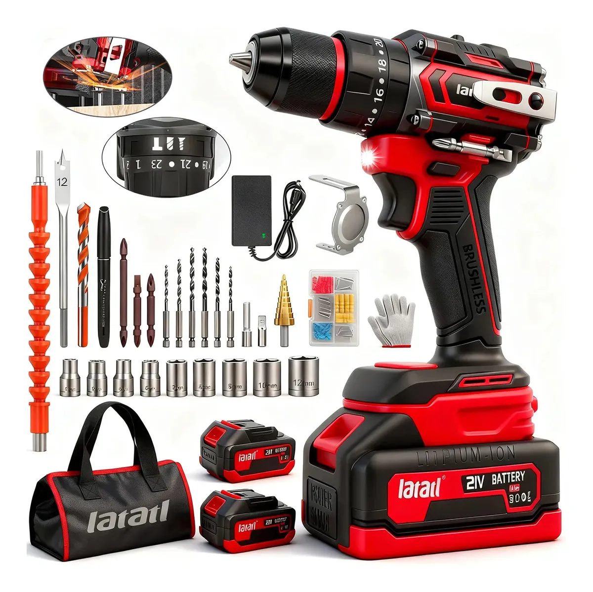 Rotomartillo Taladro Inalámbrico Sin Escobillas 21V LATATL, Taladro Atornillador 3 en 1 con Dos Baterías, Ideal para Trabajos en Concreto, Metal y Madera