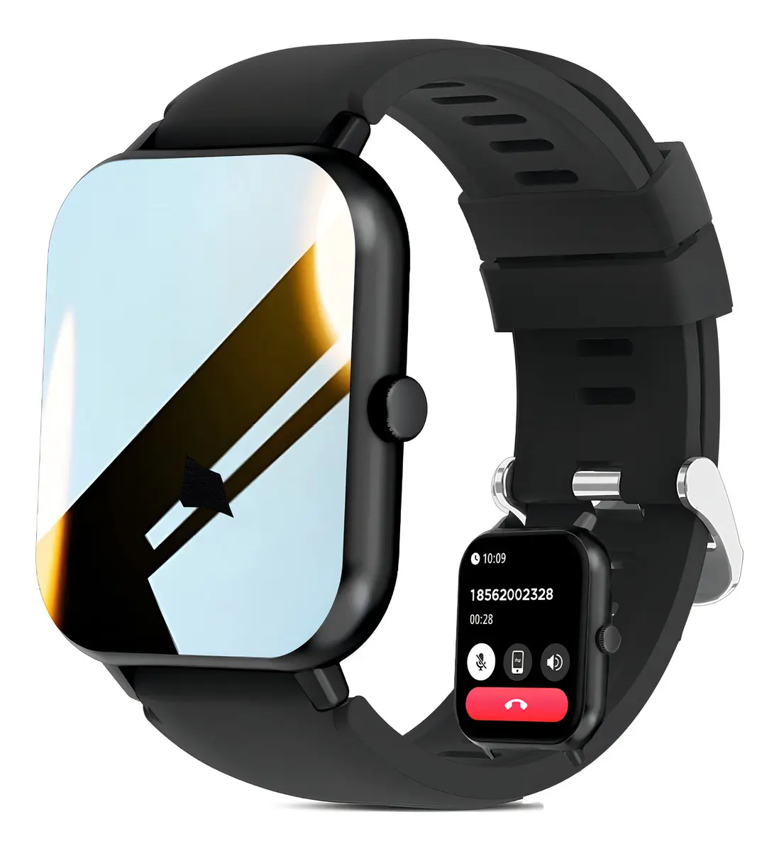 Reloj inteligente Bluetooth Call para hombre, deportivo inteligente, mujer, carcasa negra, pulsera negra, bisel negro, diseño de pulsera de silicona