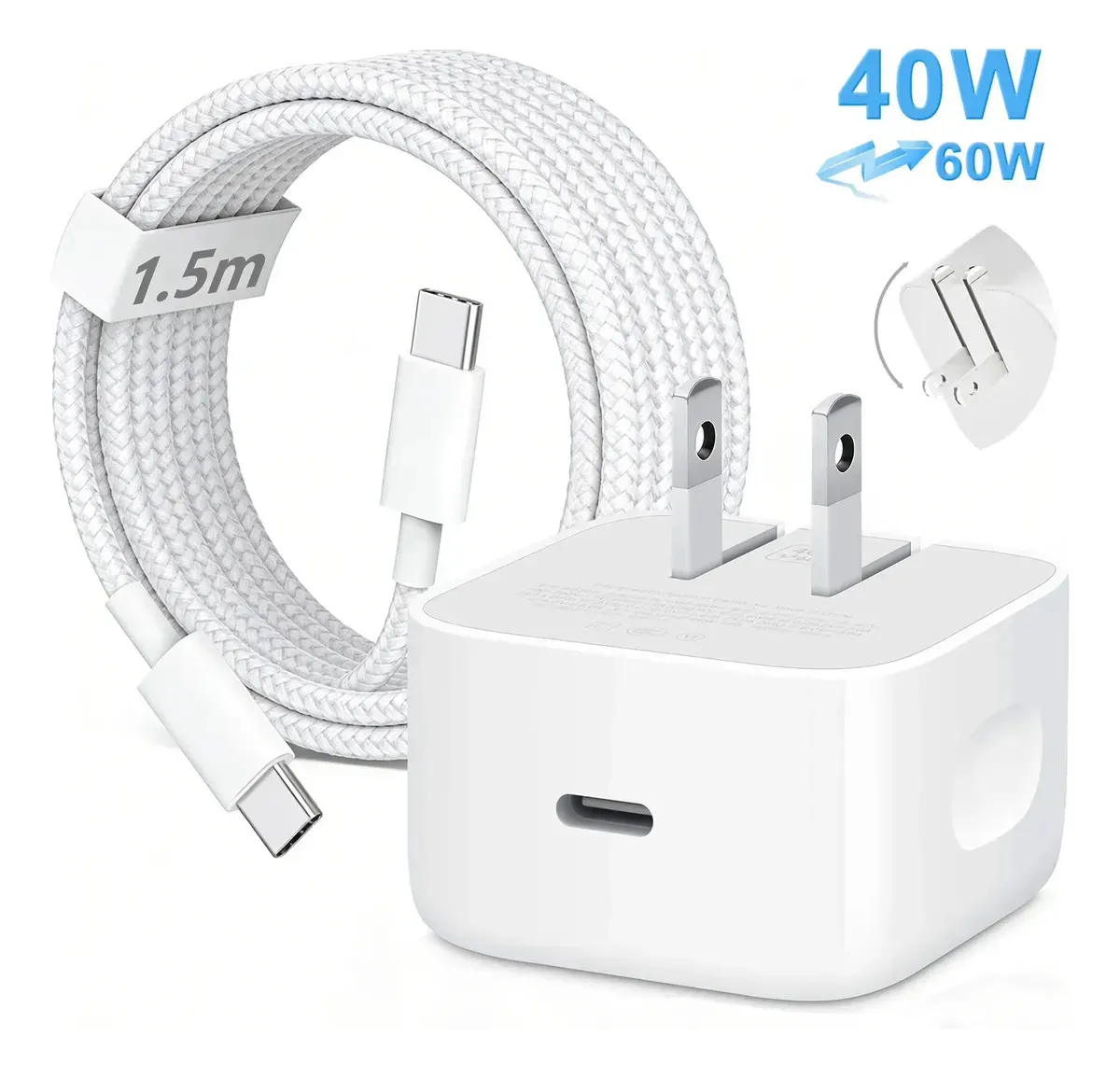 Cargador de Pared Bottorry Súper Rápido 40W (60W Dinámico) con Cable de 1.5m, para iPhone 17, iPad y Galaxy