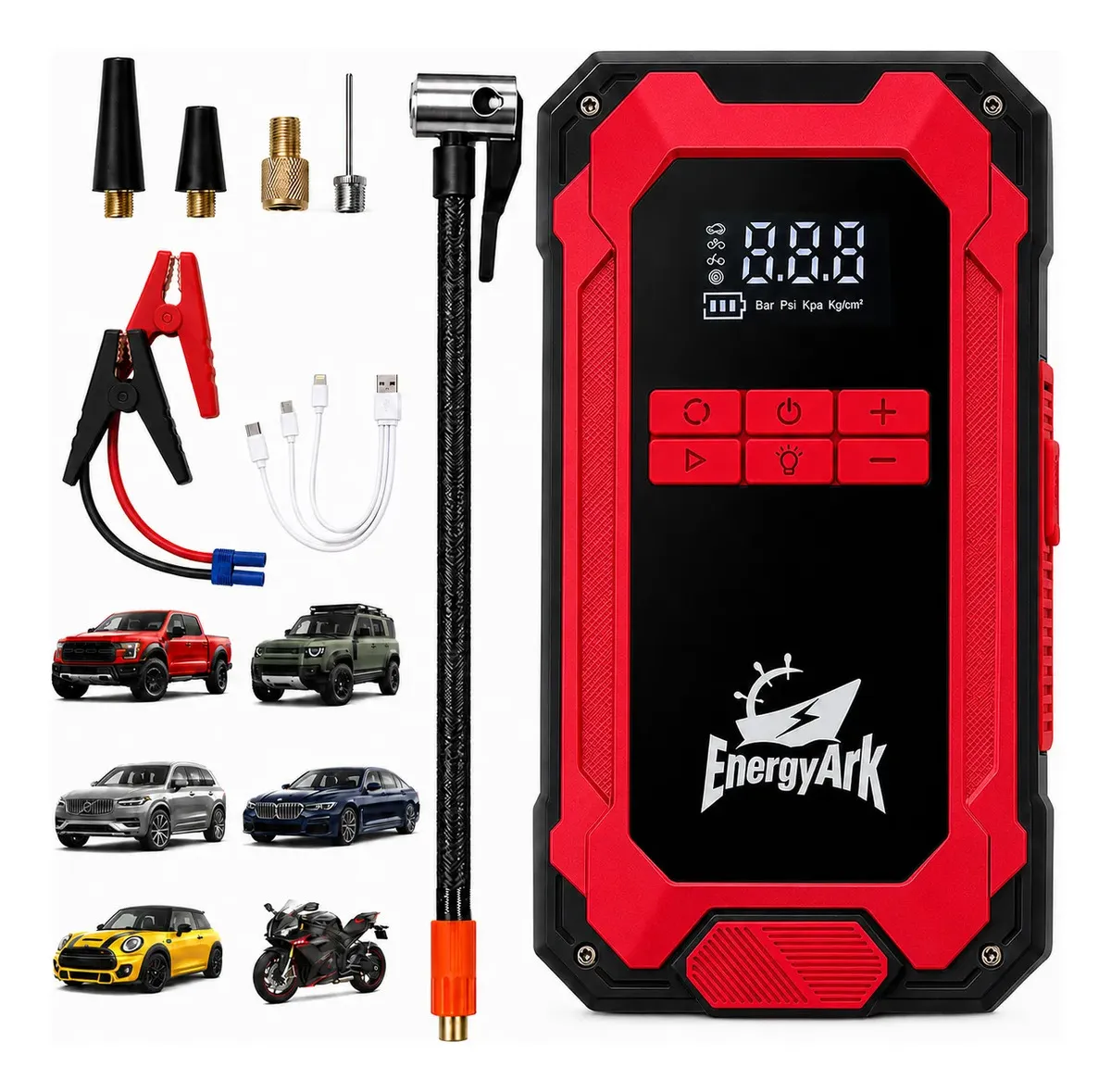Compresor Cargador De Baterias Arrancador Con Inflador 150psi EnergyArk
