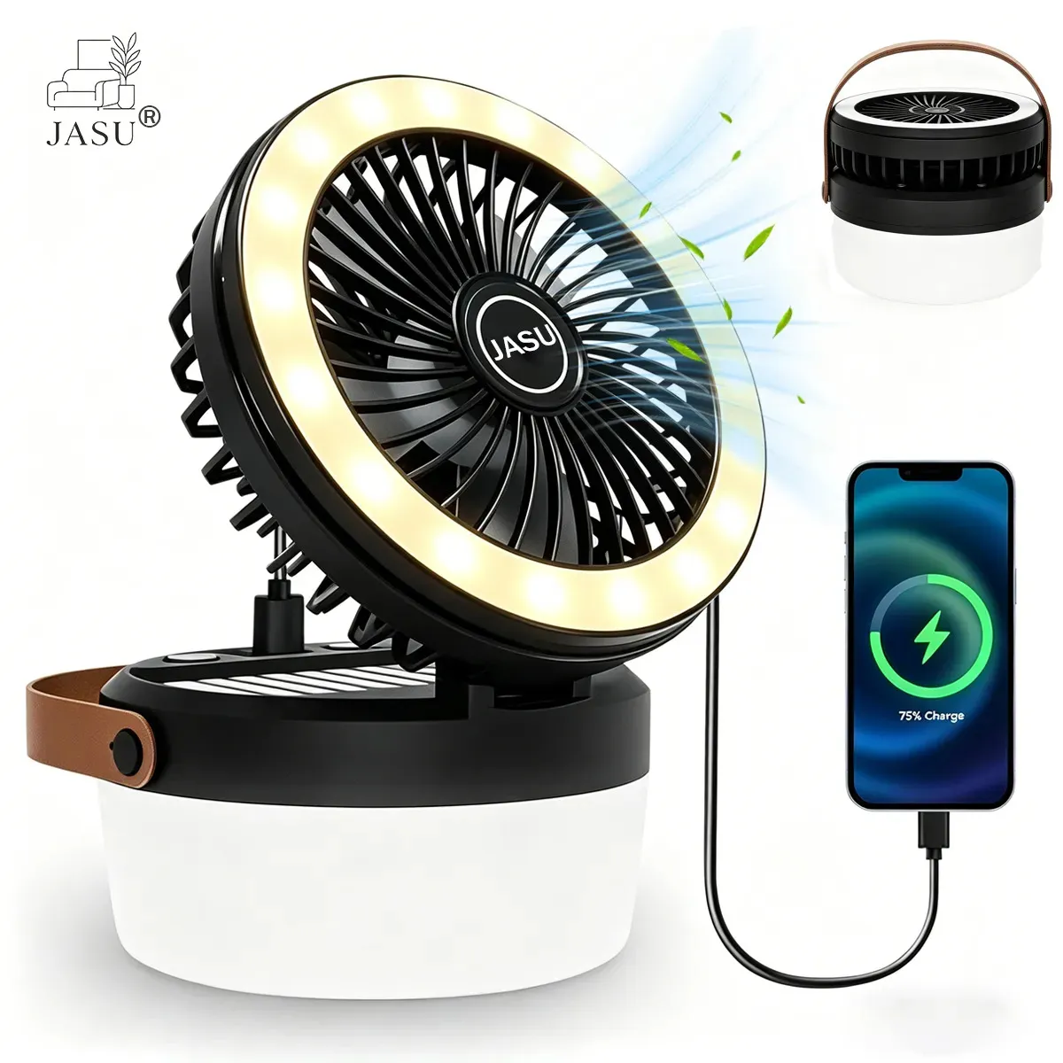 Ventilador Jasu 3 en 1 Portátil y Solar, con Luz LED para Camping y Salida USB