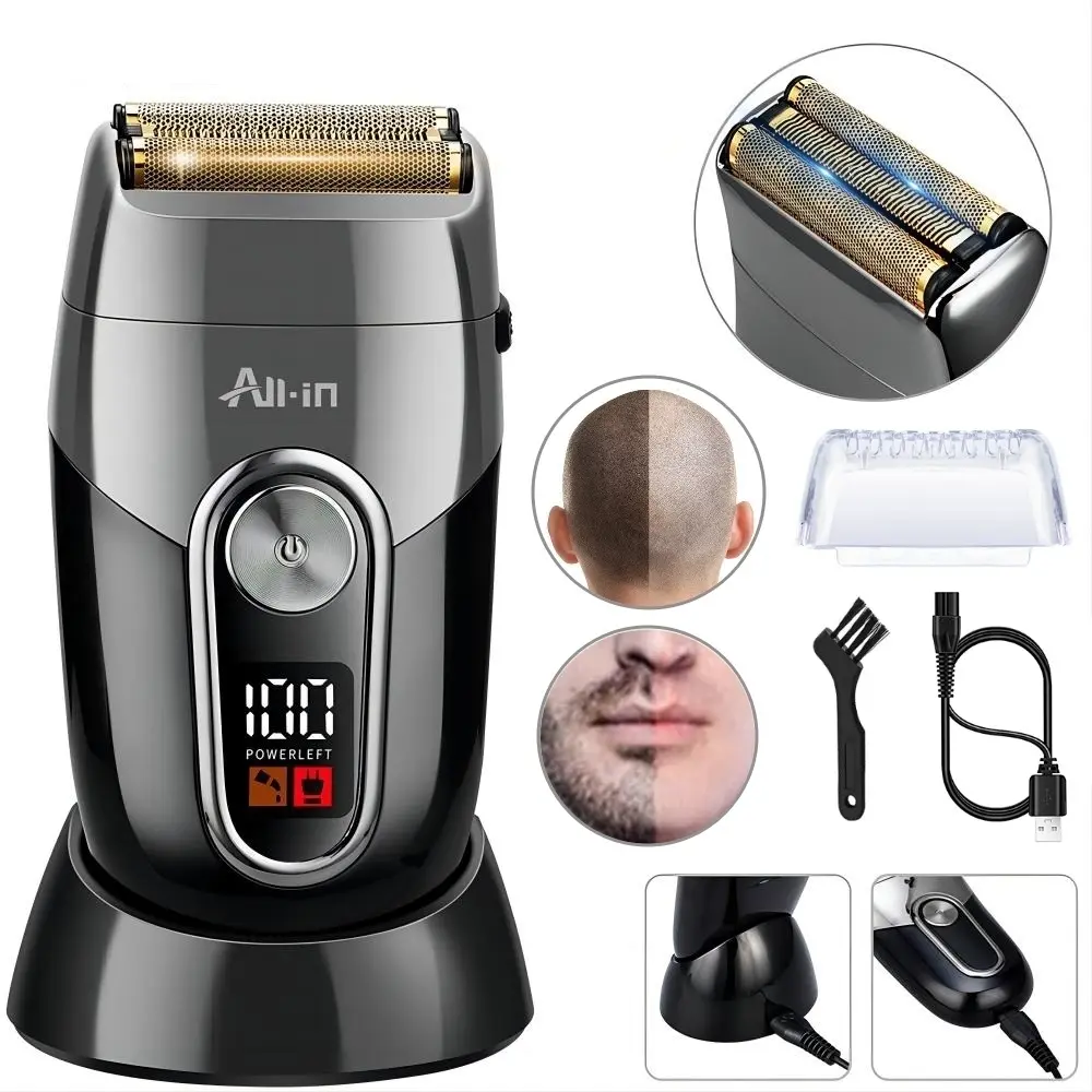 All-in Rasuradora Electrica Afeitadora Maquina para Afeitar Profesional Portatil para Barba y Cabello Calvo Corta al Raz Cortadora de Pelo Inalambrica con Base y Display Digital Hombre