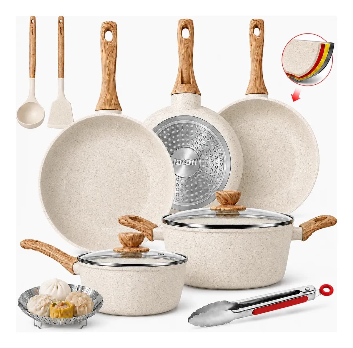Batería de Cocina LATATL Antiadherente de Cerámica, Kit de 12 Piezas para Inducción en Color Avena