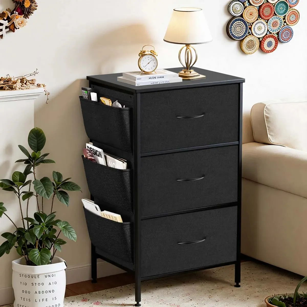 SAFONUS Cómoda Closet Con 3 Cajones, Armario Con 3 Bolsillos Laterales De Almacenamiento De Gran Capacidad, Mueble De Almacenamiento 42x30x72cm, Armario De Almacenamiento Negro