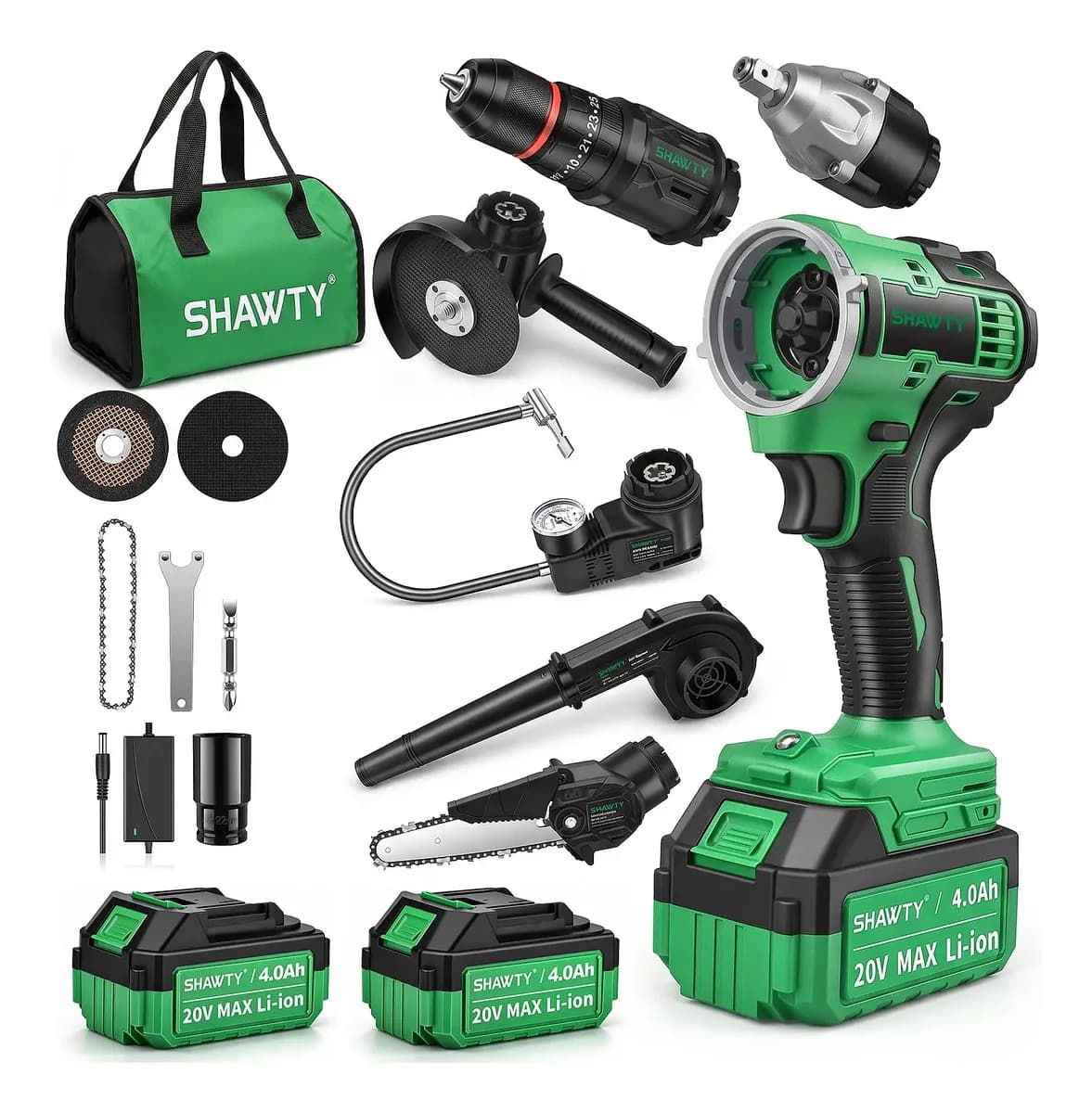 Shawty 6 En 1 Taladro Inalámbrico Herramientas Eléctricas 20 V, Incluye Taladro, Llave De Impacto, Amoladora Angular, Motosierra, Inflador Eléctrico, Soplador De Aire Con 2 Baterías De 4.0 Ah