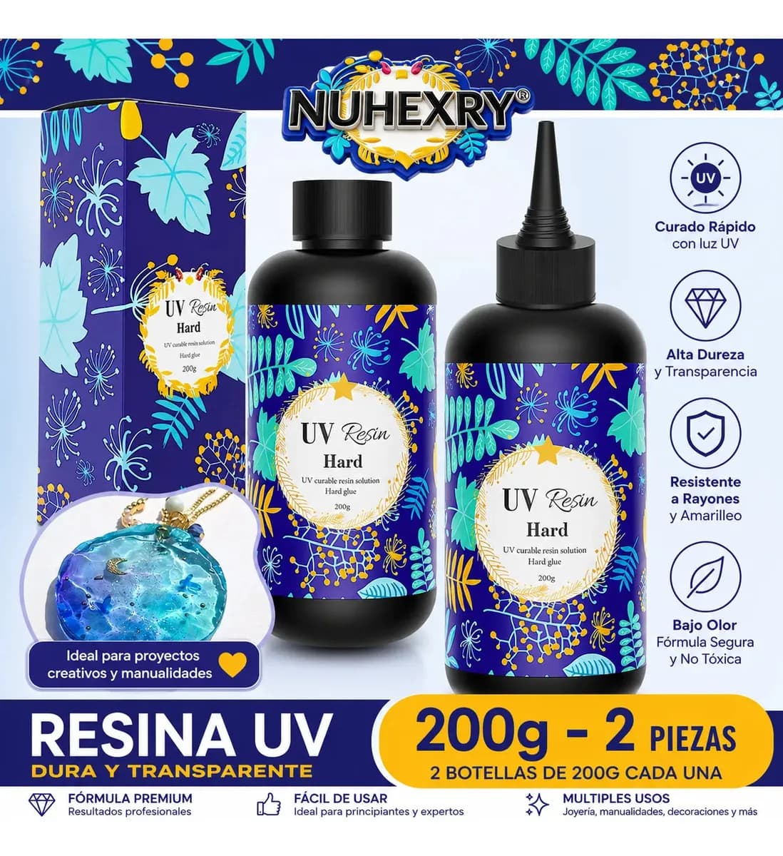 Pack de Resina UV Epoxi Transparente Nuhexry de 400g Para Joyería y Artesanía