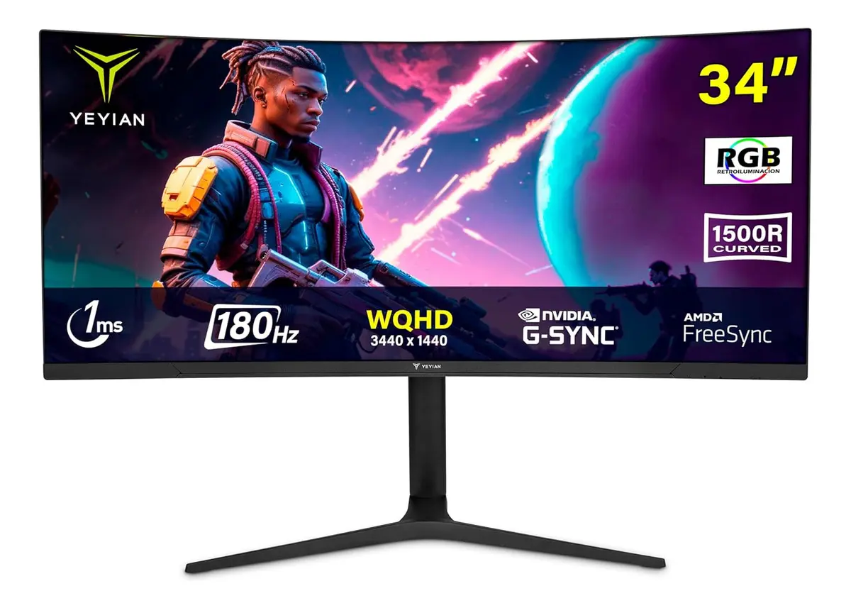 Monitor Gamer Curvo Yeyian Va 34 , 100hz, 1ms, 3440x1440 Wide Quad Hd, Luces Rgb, Hdmi 2.0, Displayport, Freesync, G-sync, Vesa, Para Xbox Series X/s/ps5/ps4/mac Ymc-fv234-m1