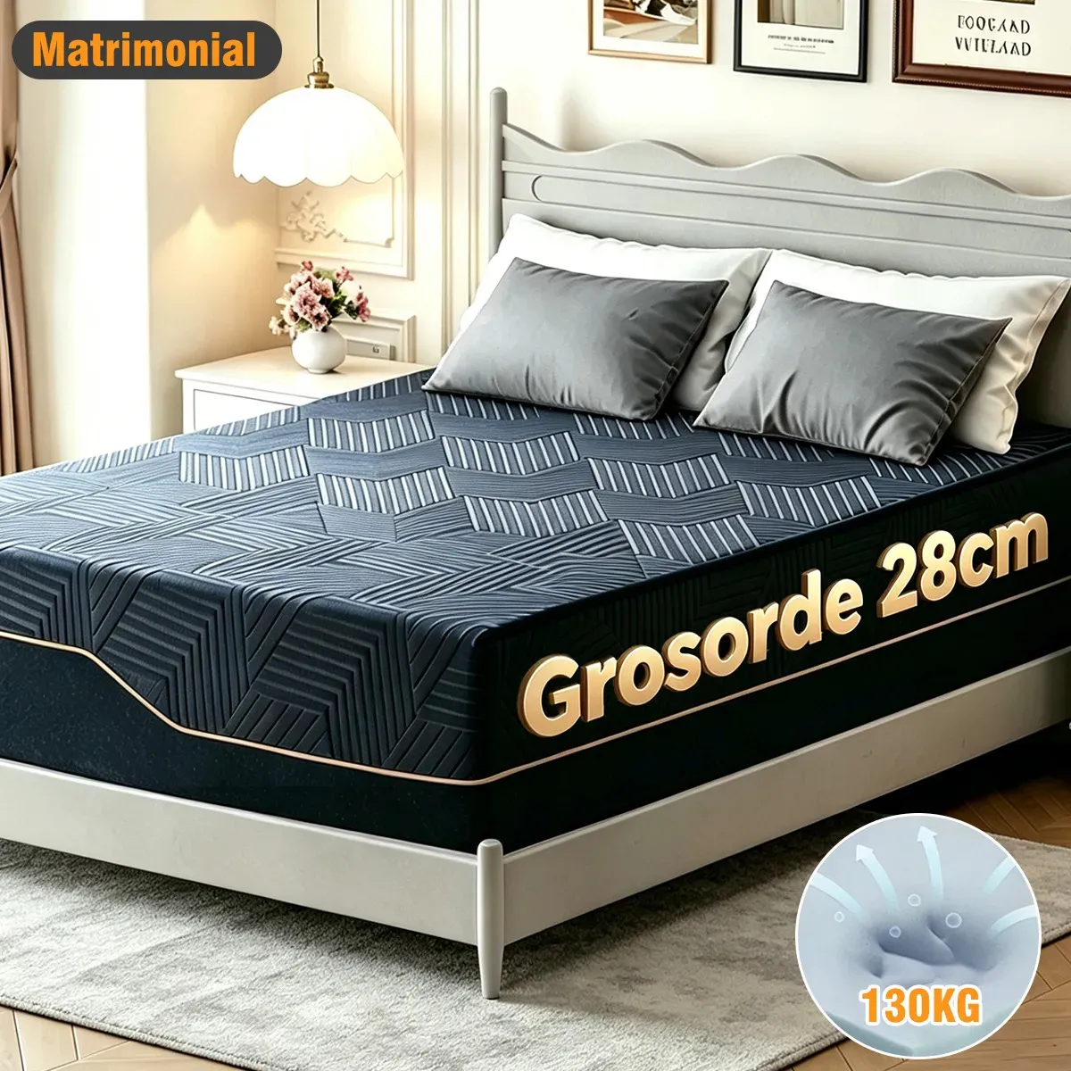 SAFONUS Colchón Matrimonial Memory Foam Gel de Cobre 28 cm Ortopédico Firmeza Media En Caja 135x190 cm, Anti Acaros Durabilidad