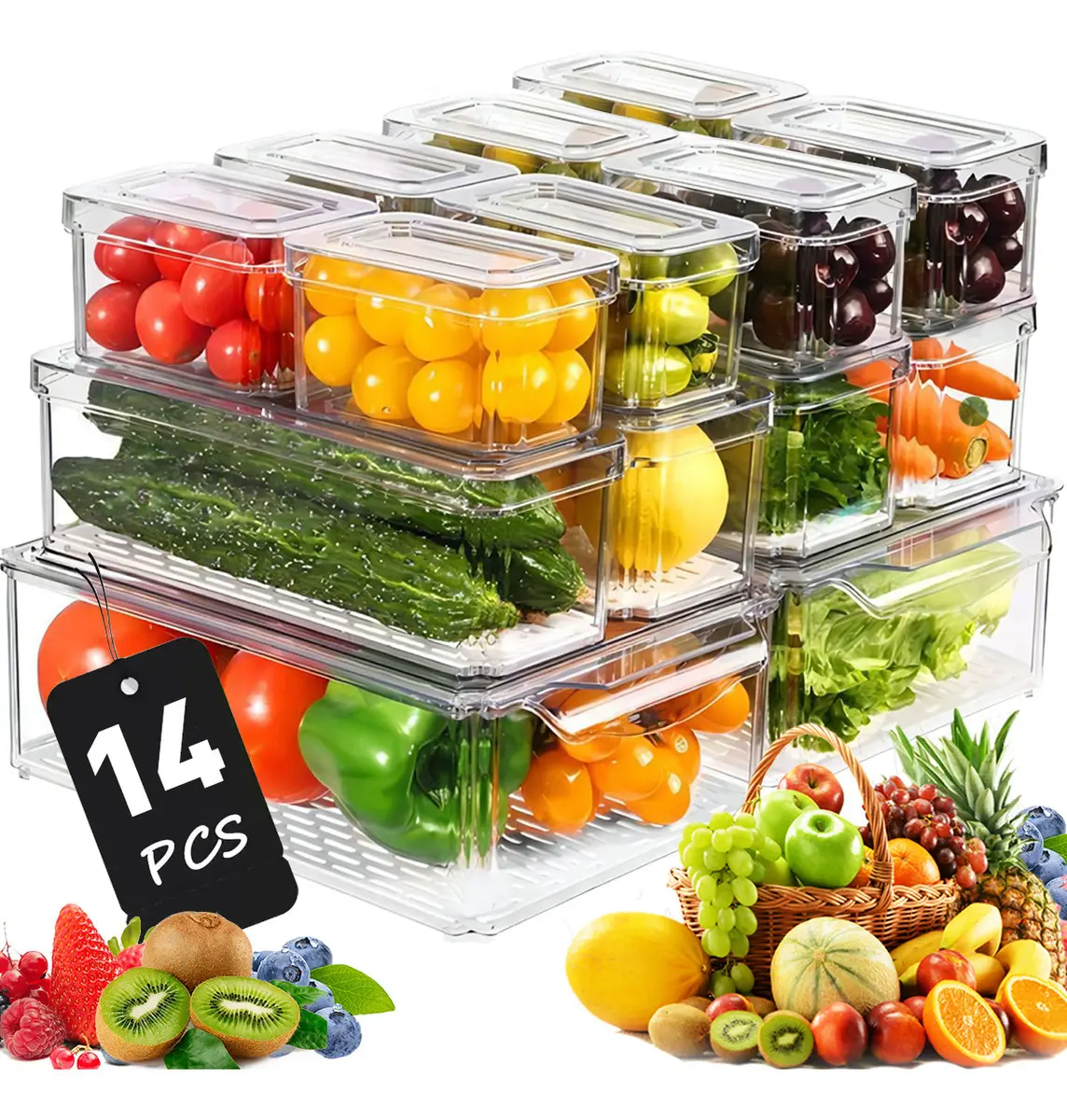 Contenedores Organizador Refrigerador Despensa 14 Pz Con Tapa 2L sin BPA, transparentes,apilable,para almacenar frutas, alimentos, bebidas y verduras en la cocina Transparente