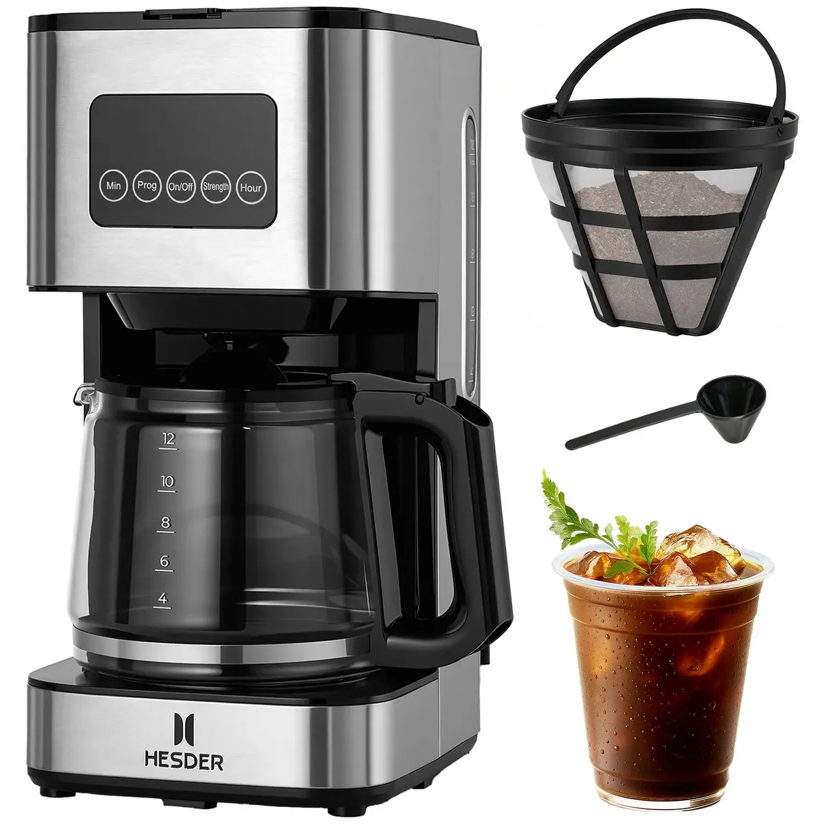 Cafetera Eléctrica Pequeña Semiautomática De Goteo 1.8l (12 Tazas) Pantalla Táctil Programable Imd Con Filtro Permanente Diseño Anti-goteo, Función De Mantenimiento Del Calor Hesder Negro/plateado