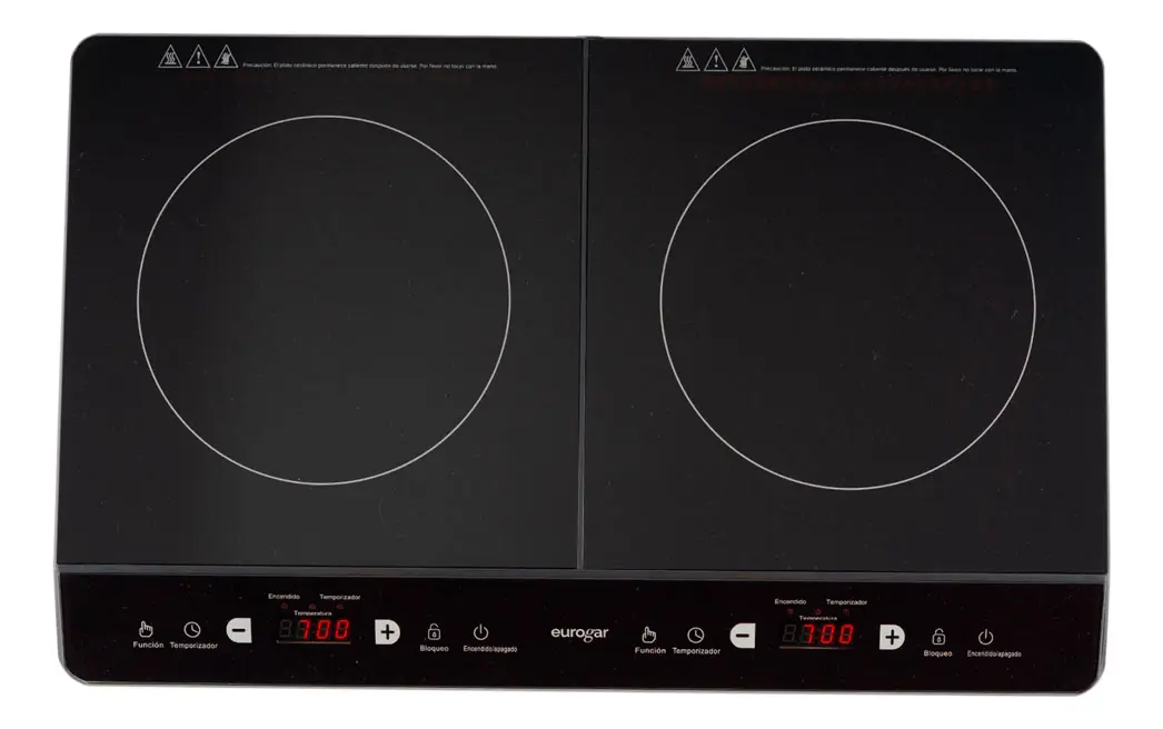 Parrilla eléctrica de inducción 2 quemadores, Superficie de vidrio templado 60 cm, 1800 W, 127 V, 8 niveles de temperatura 80 a 240°C, Potencia de 100 a 900, Uso en sobre encimera EUROGAR EUPIV2