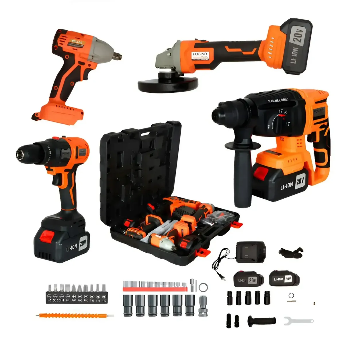 Kit de 4 Herramientas Eléctricas Inalámbricas 20V con Martillo Perforador, Amoladora Angular, Taladro y Llave de Impacto para Construcción, Reparación, Taller y Uso Profesional