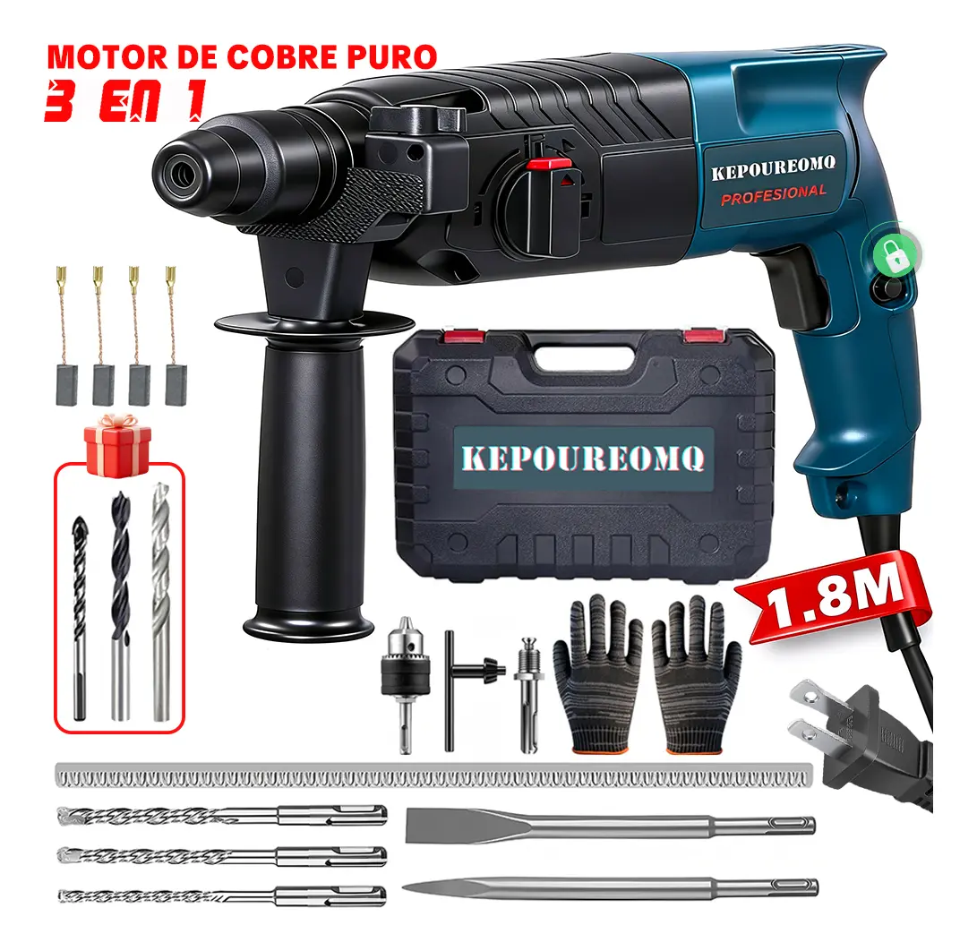 Rotomartillo Taladro Cincelador Impacto Perforador Sds De 1200w Con 8 Cinceles Y Adaptador SDS-Plus Motor De Cobre