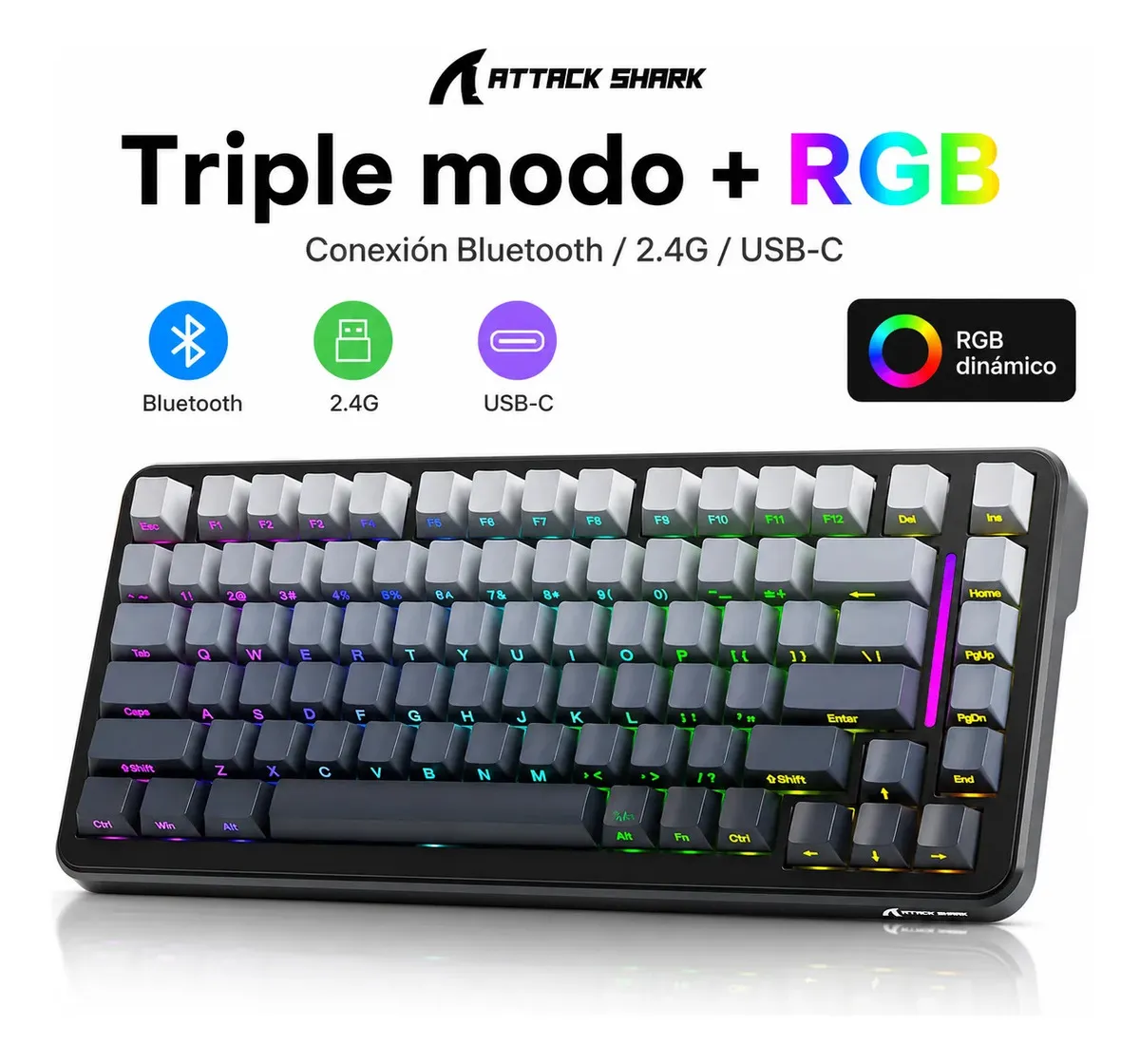 Teclado Mecánico Gamer Attack Shark M86 75% RGB, 3 Modos Conexión 4000mAh Teclado Inalambrico Español ñ La Tecla Pbt Con Impresión Lateral, 86 Teclas Hot-swappable, Teclado Para Pc, Mac, Ps4, Negro