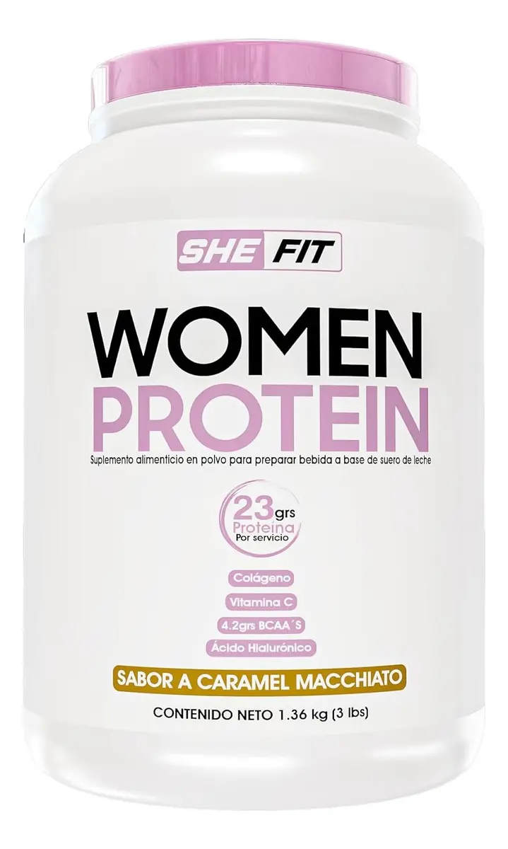 BHP- SHE FIT- Women Protein|3lbs| caramel macchiato 36 serv 23g proteina por scoop suero de leche, bcaas, colágeno baja en carbos