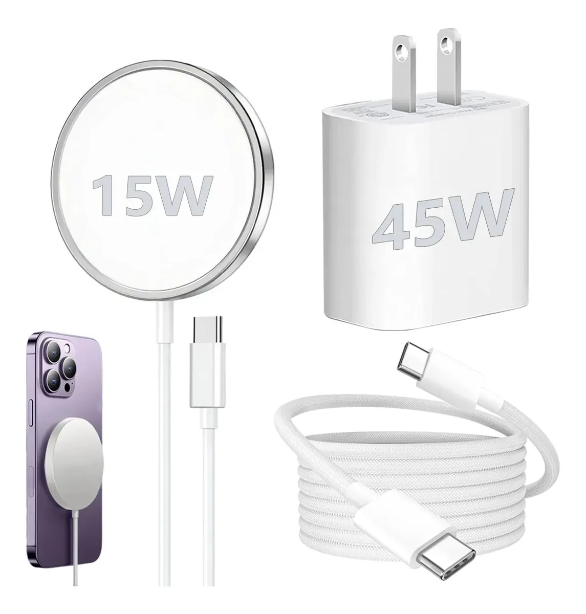 45w Cargador Rápido Tipo C compatible con iPhone 17/16/15 Pro 17/16/15 Plus 17/16/15 Pro Max Carga Rápida Pd 45w +1.5m Cable con 15W Cargador inalámbrico compatible con iPhone 17/16/15/14/13/12