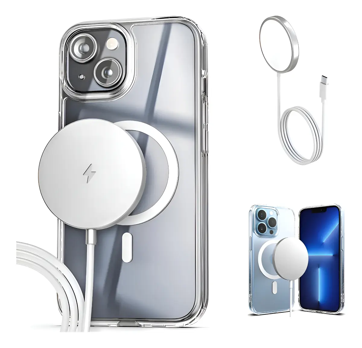 Kit Funda Para iPhone 16e Círculo Magnético Acrílico Rígido Transparente + Cargador Magsafe Inalámbrico 15w Usb C Carga Rápida