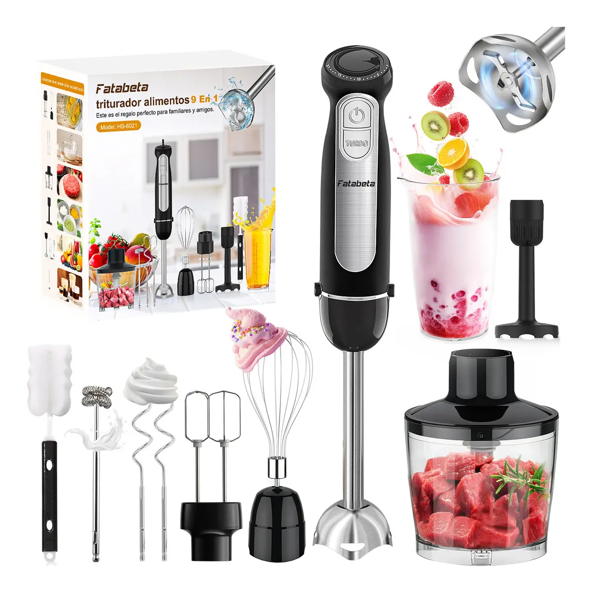 Batidora de Mano Fatabeta 9 en 1 con 1100W, 21 Velocidades y Modo Turbo