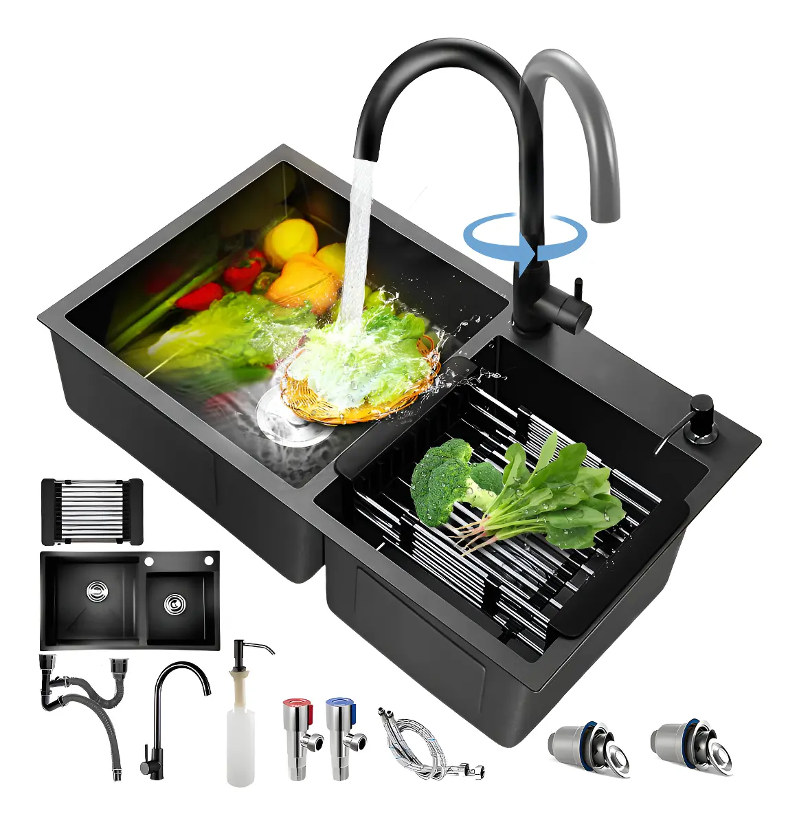 Fregadero Doble Empotrable Headan Acero Inoxidable 78x43cm Gris Oscuro Con Dispensador，tarja fregadero de cocina，fregadero acero inoxidable，tarjas para cocina，fregadero tarjas，tarja para fregadero