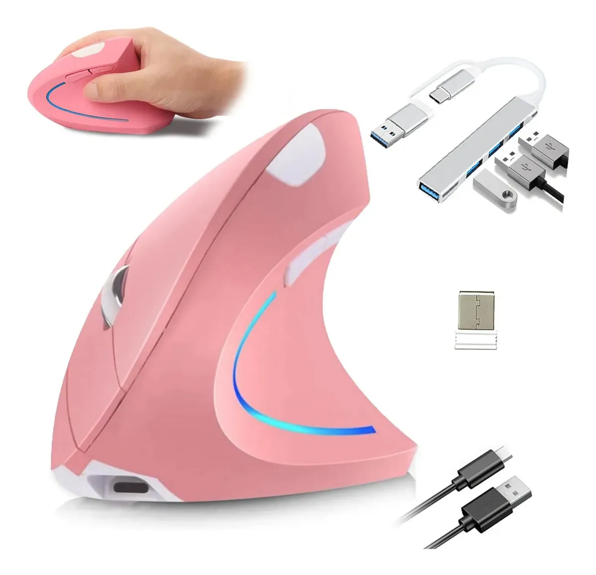 Mouse Inalámbrico Vertical Recargable Ergonómico Óptico Computadora Gamer 2.4 Ghz Con 3 Dpis Ajustables Diseño De 6 Botones Con Hub Para Mac Windows Mano Derechar Rosa Bottorry