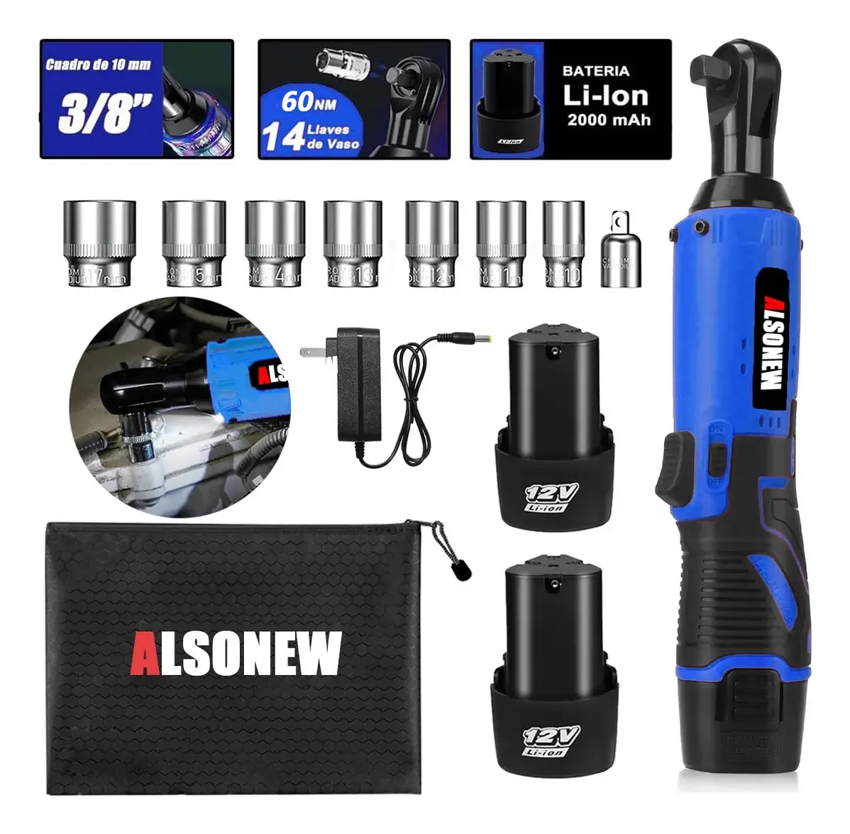 Alsonew Llave De Trinquete Inalámbrica Juego De Destornilladores De 3/8 Pulgadas, Dos Baterías, Azul