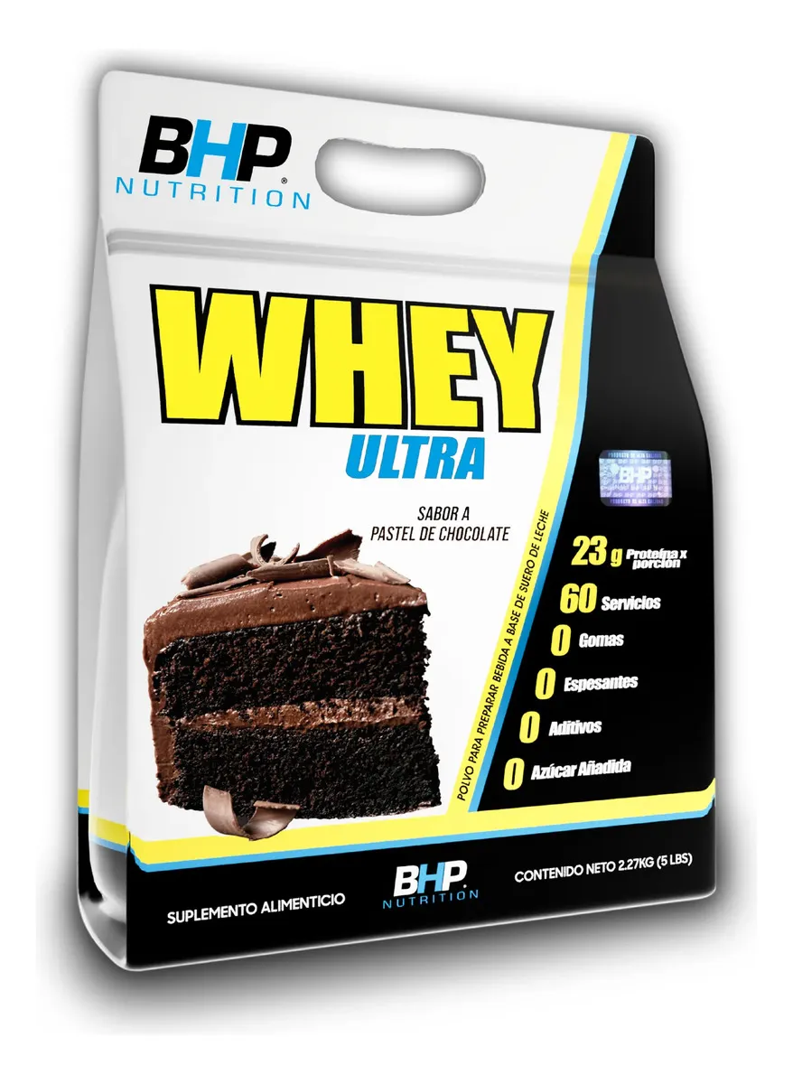 BHP Nutrition Proteina Bag Whey Ultra Suero de Leche 60 servicios Baja en carbs pastel de chocolate 2.27kg