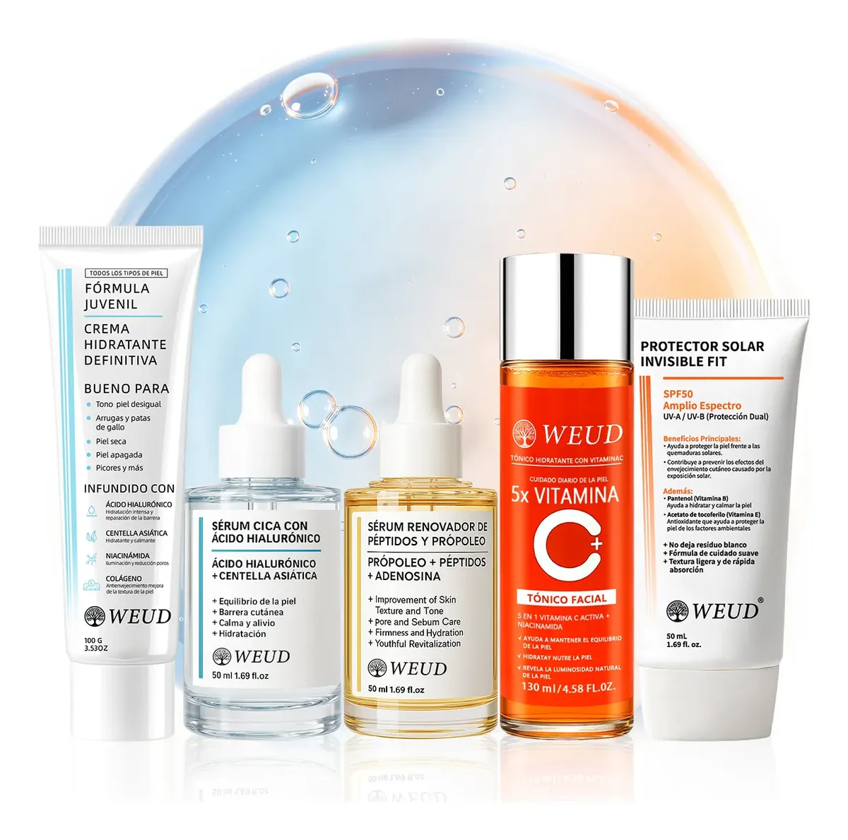 Kit Bloqueador Solar Spf50, Calma, Repara Sérum Crema Tónico