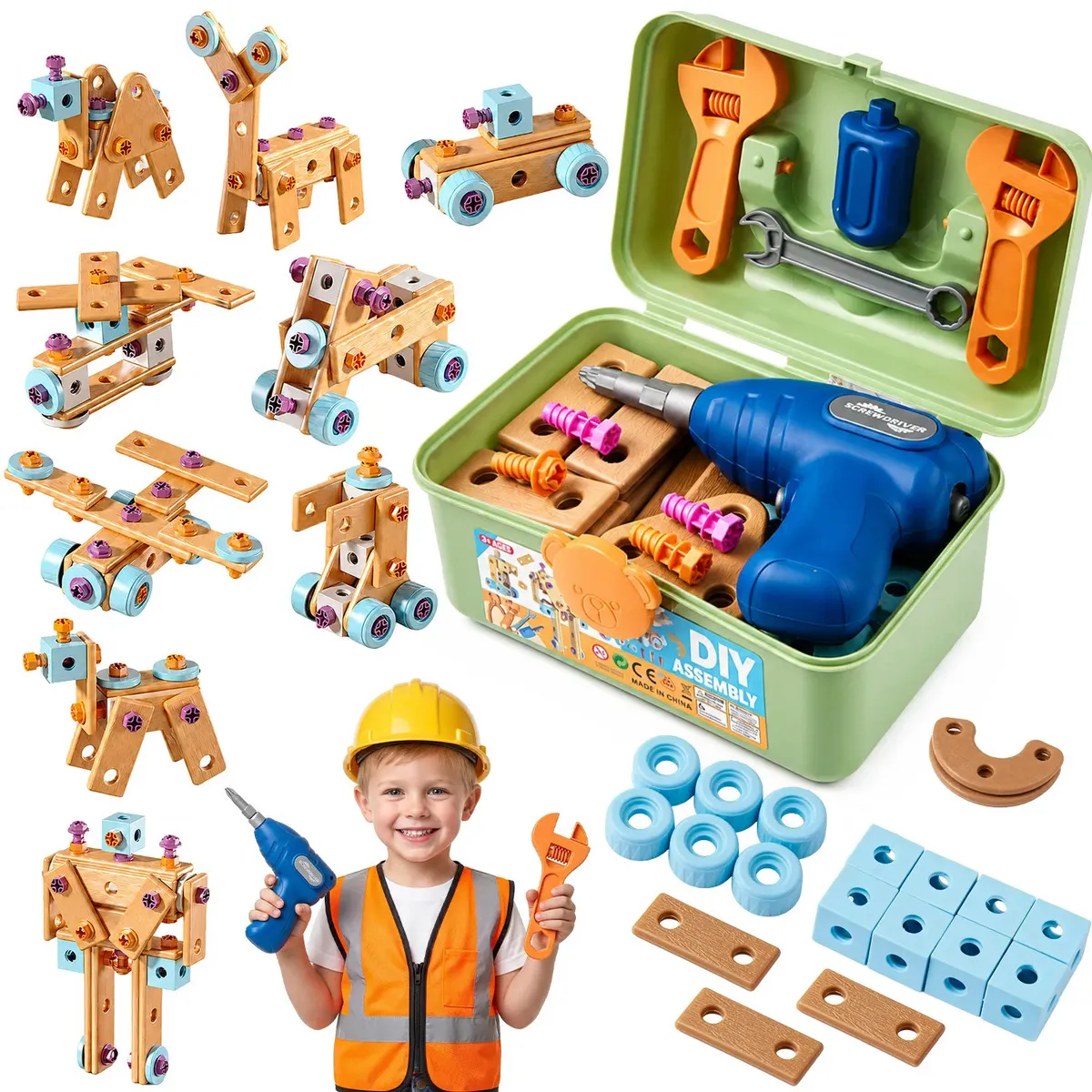 Rovtop 172pzs Herramienta De Taladro Eléctrico Y Bloques Para Niños, Construcción STEM y Caja de Almacenamiento, Juego de Herramientas de Plástico para Niños y Niñas de 3 a 8 Años