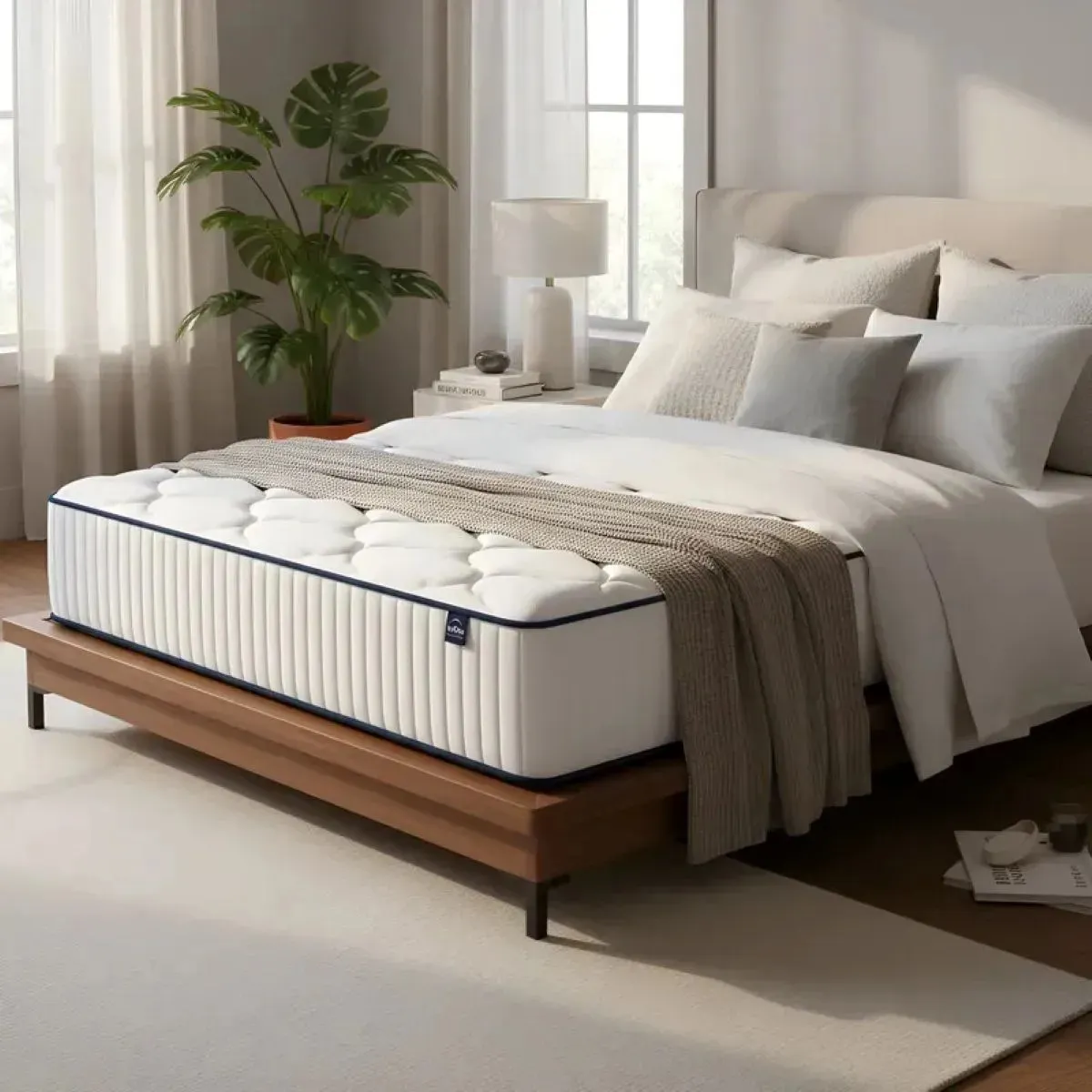 Colchón Matrimonial Premium Híbrido Blanco Con Azul - Memory Foam + Resortes, Ortopédico, Soporte Lumbar, Confort Máximo