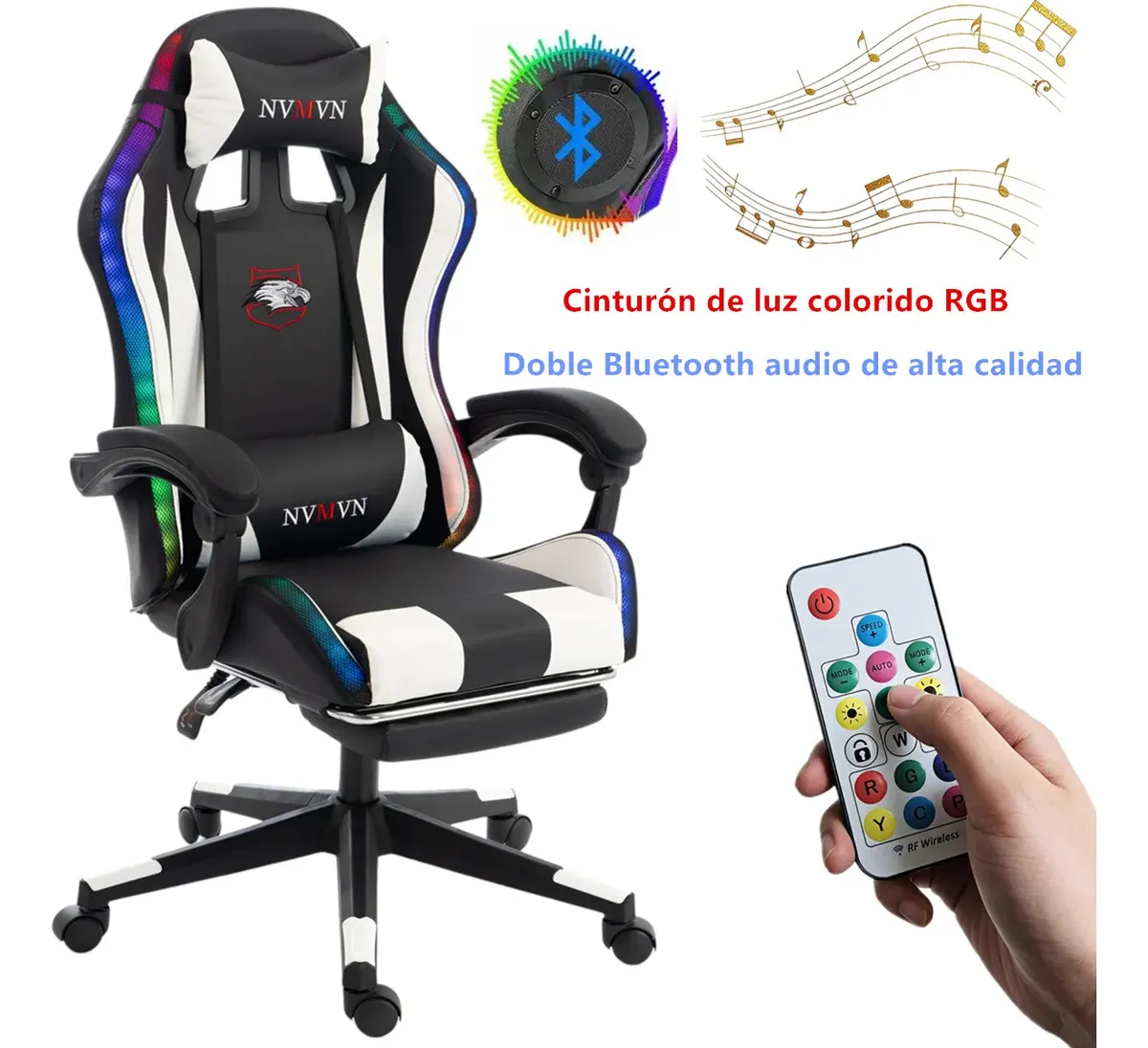Silla Gamer Ergonomica With Bluetooth Luces Rgb Control Remote Reclinable 90-135° Hasta 160 kg