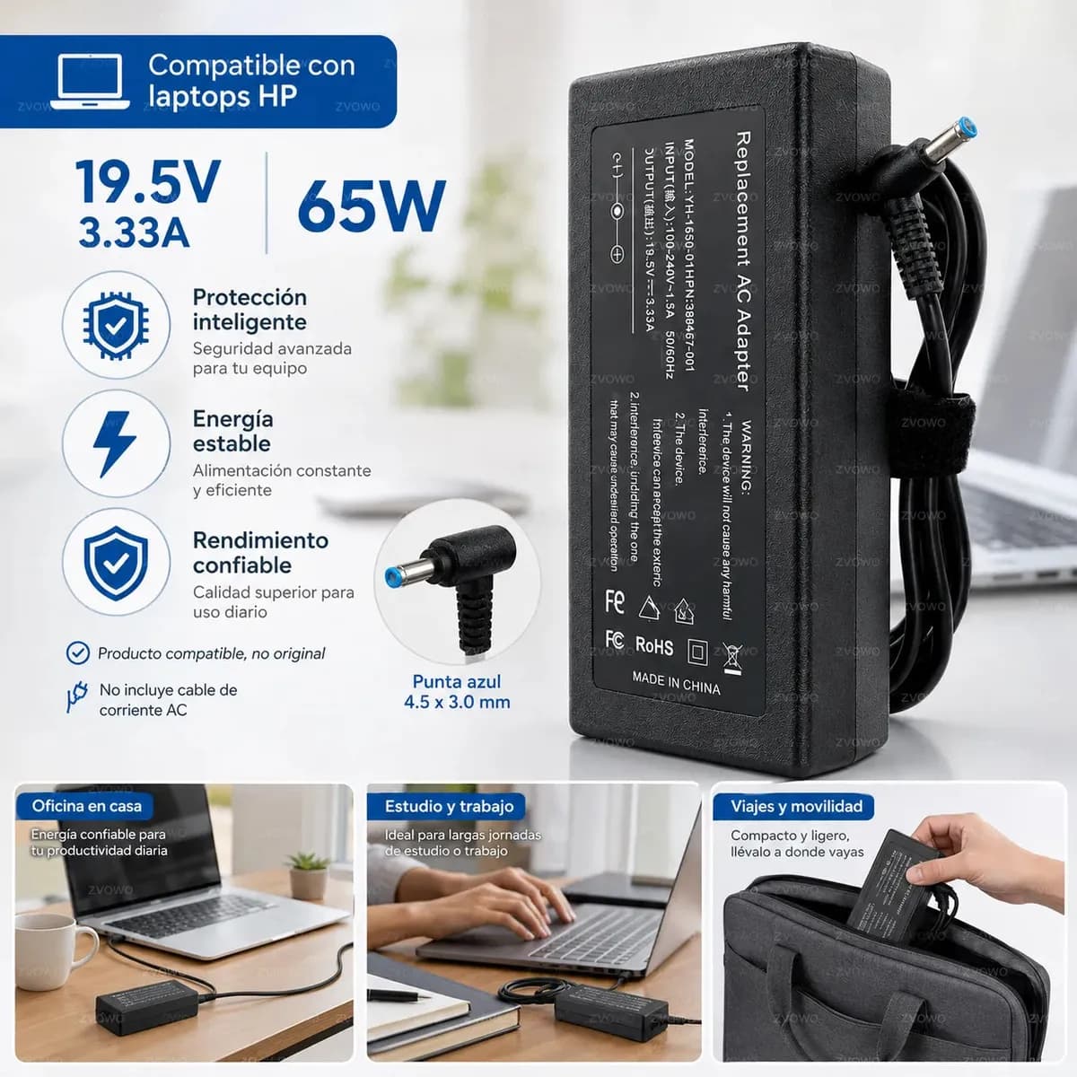 Cargador Laptop HP 19.5V 3.33A de 65W con Punta Azul 4.5mm