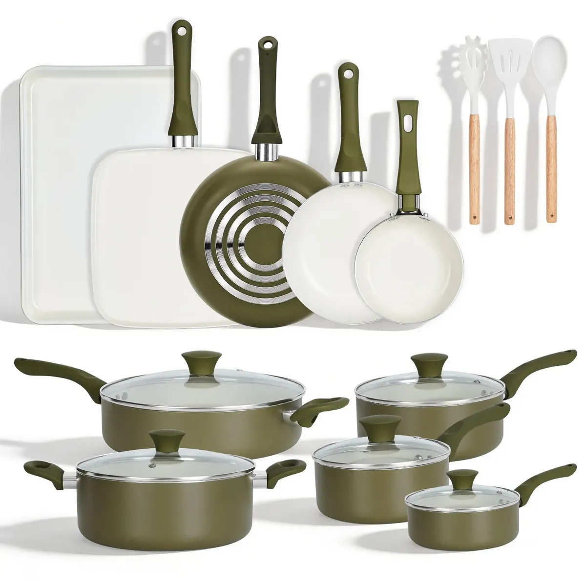 Batería De Cocina Latatl 18 Piezas, 10 Juegos de Ollas y Sartenes, Color Verde, Juego De Sartenes Wok Y Ollas Antiadherentes, Compatible Con Gas, Incluye Cucharas