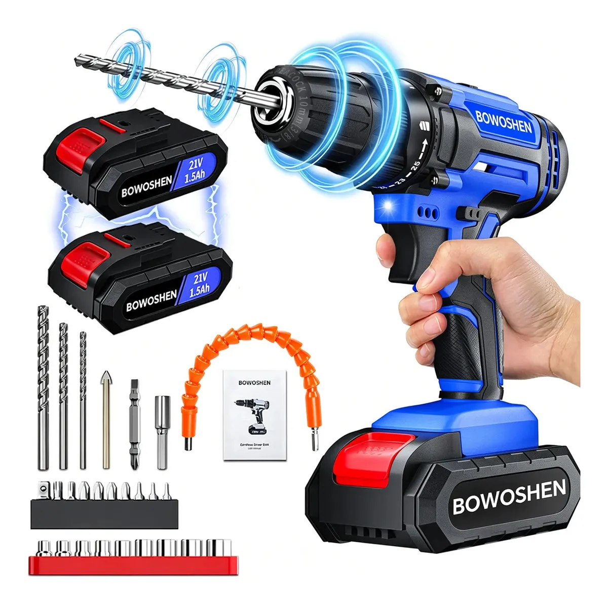 Taladro Atornillador Eléctrico Con 2 Baterías De Iones De Litio BOWOSHEN Kit Taladro Inalámbricos Desatornillador 3/8