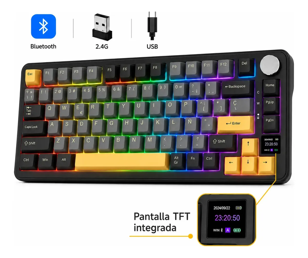 Teclado Inalámbrico Mecánico Attack Shark X85 Pro 82 Teclas Teclado RGB con Pantalla TFT y Perilla Anti-Ghosting 4000mAh QWERTY Español ñ Programable y Hot-Swappable Bluetooth+2.4G+USB