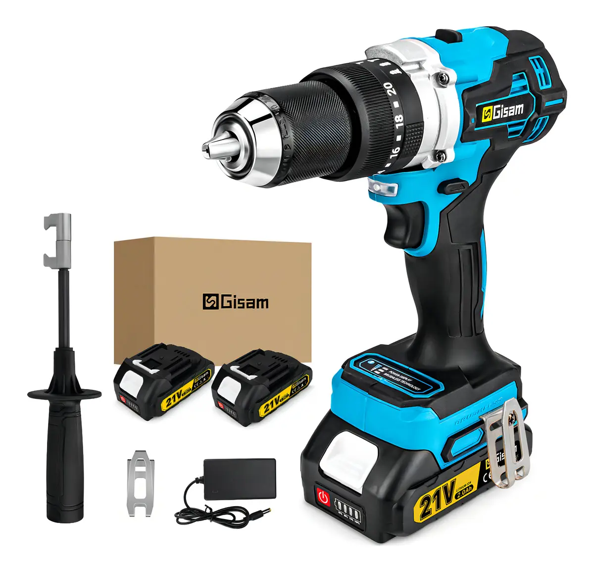 Taladro Percutor Atornillador Inalámbrico Mandril de 1/2'' Gisam S3726 2 Baterías de 2.0ah Con Asa Auxiliar Color Azul