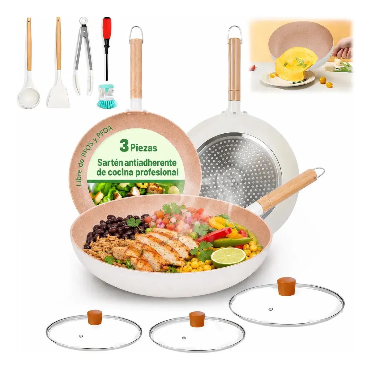 Juego De 3 Sartenes 20/24/26 Cmviene Con Tapa De Olla, Espátula, Cuchara, Pinzas Y Herramientas De Limpieza /juego De Sartenes/juego De Sartenes Antiadherentes/sarten/apto Para Cualquier