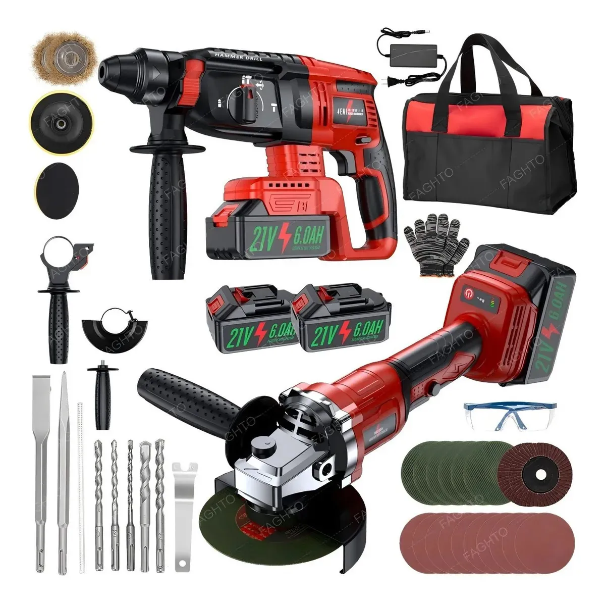 Kits De Rotomartillo Taladro SDS-PLUS Y Esmeriladora Angular Inalámbrica Con 2 Baterías 21v 6.0aH FAGHTO Y 39 Accesorios 3200W Martillo Perforador Cincelador Inalámbrica Industrial