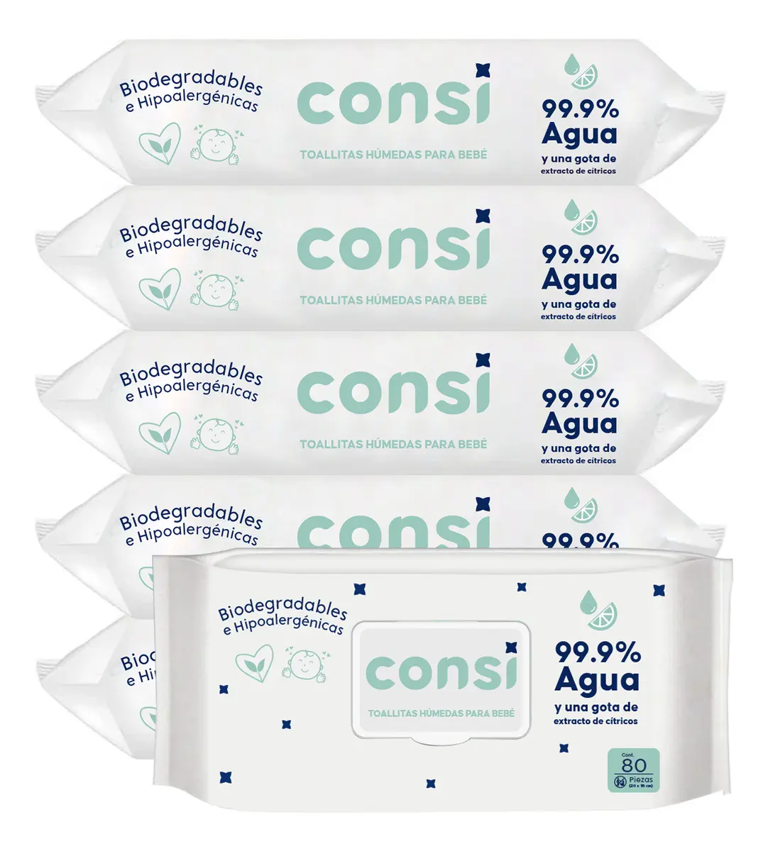 Consi Toallitas Húmedas Bebé, 99.9% Agua, Sin Químicos 480pz