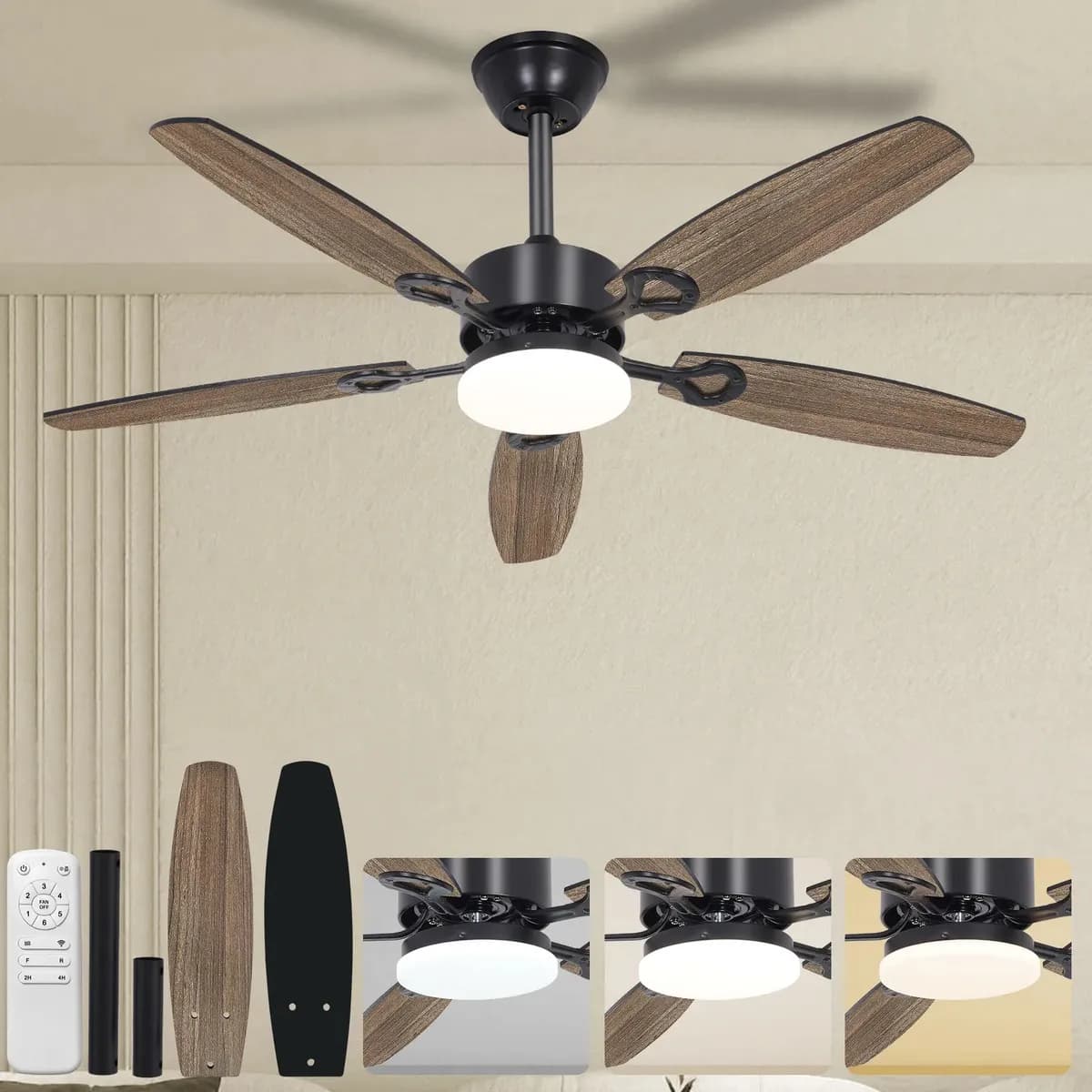 Ventilador De Techo Con Luz Led 42 Pulgadas 5 Aspas Motor Dc Cobre Puro Control Remoto 6 Velocidades