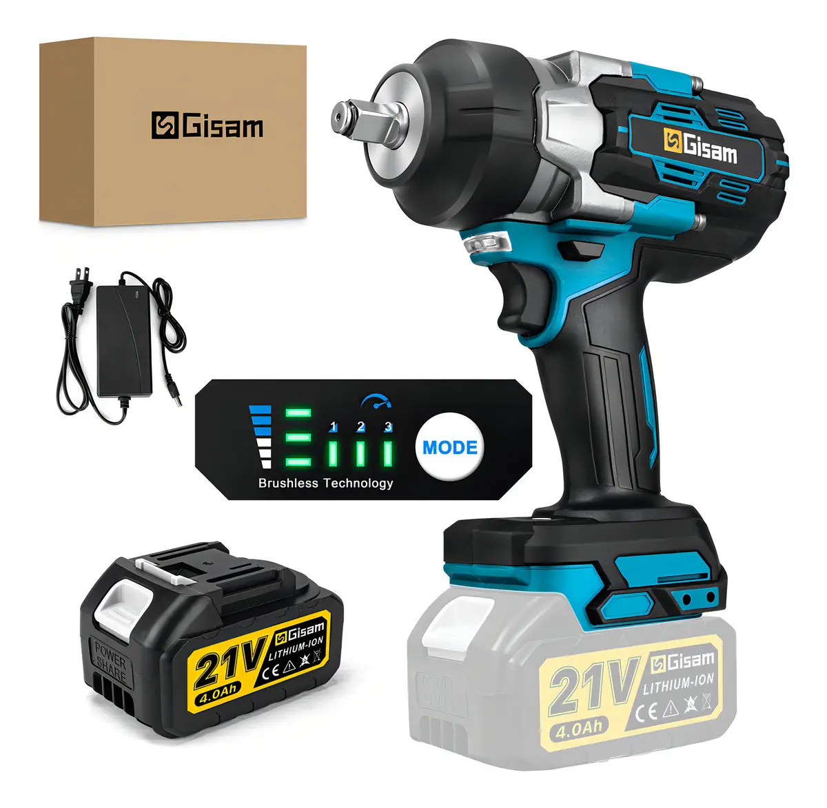 2100nm Llave De Impacto Eléctrica Motor Sin Escobillas Batería 4.0ah Gisam W3962