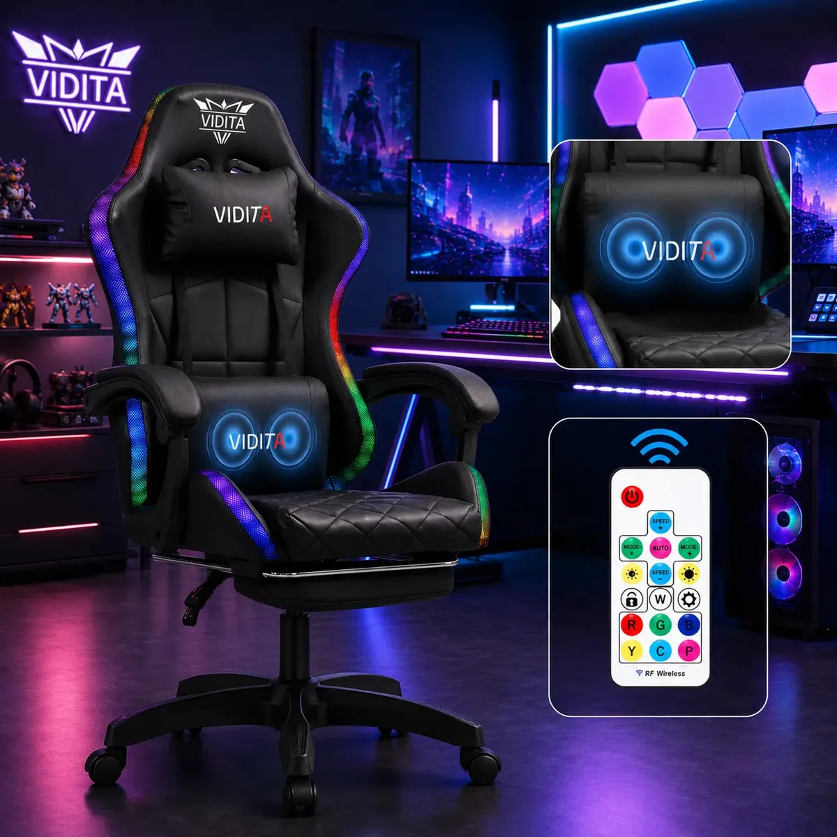 Silla Gamer Vidita Knight800 Ergonómica con Respaldo Reclinable y Luces RGB