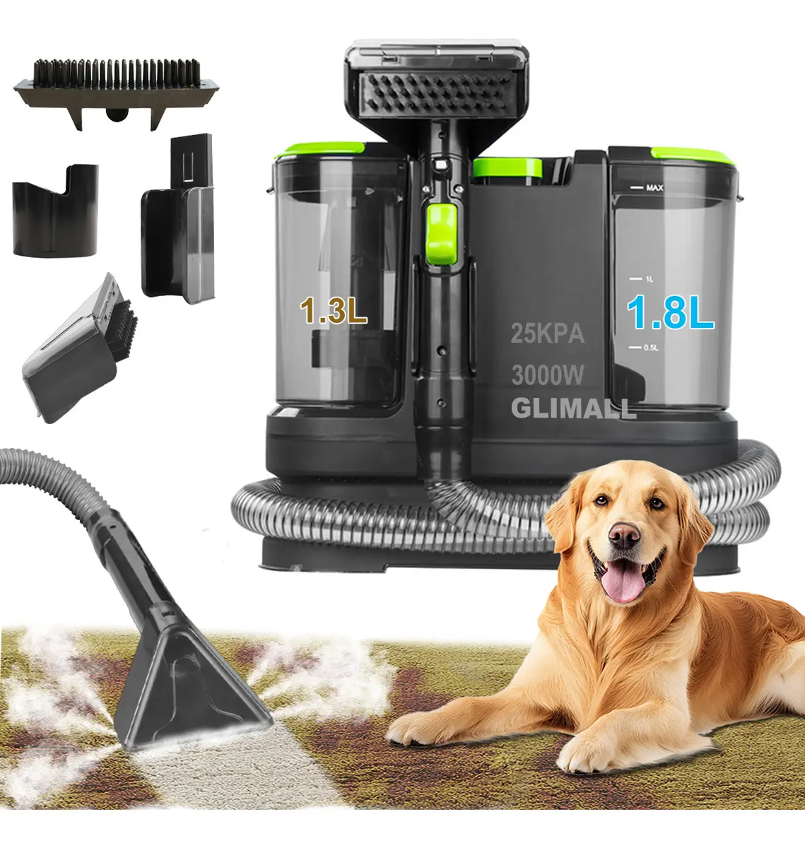 Limpiador de Vapor Glimall R6 con Succión 25 KPA y 3000W para Alfombras y Tapicería