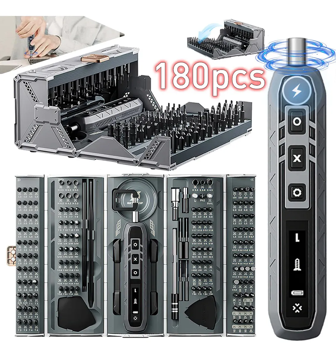 Kit Destornillador Eléctrico Black Shark 180 en 1 con 162 Puntas Cr-V, Mango Ergonómico y Caja Portátil