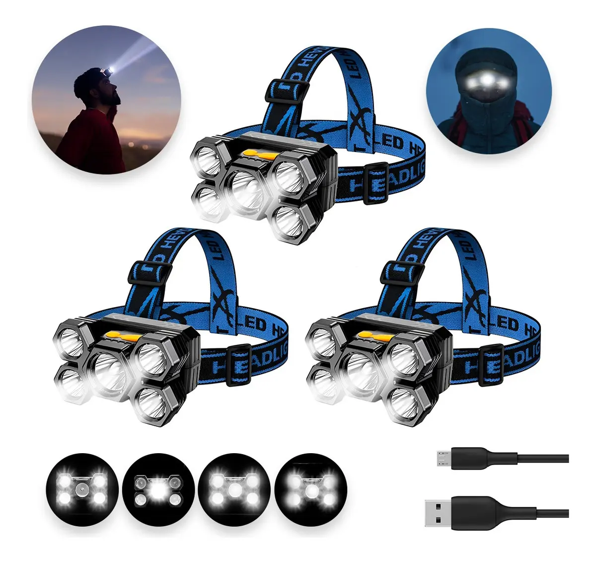 3pz Lampara Minera Potente Linterna 5000lm 5 Led Recargable Linterna Negro/Gris