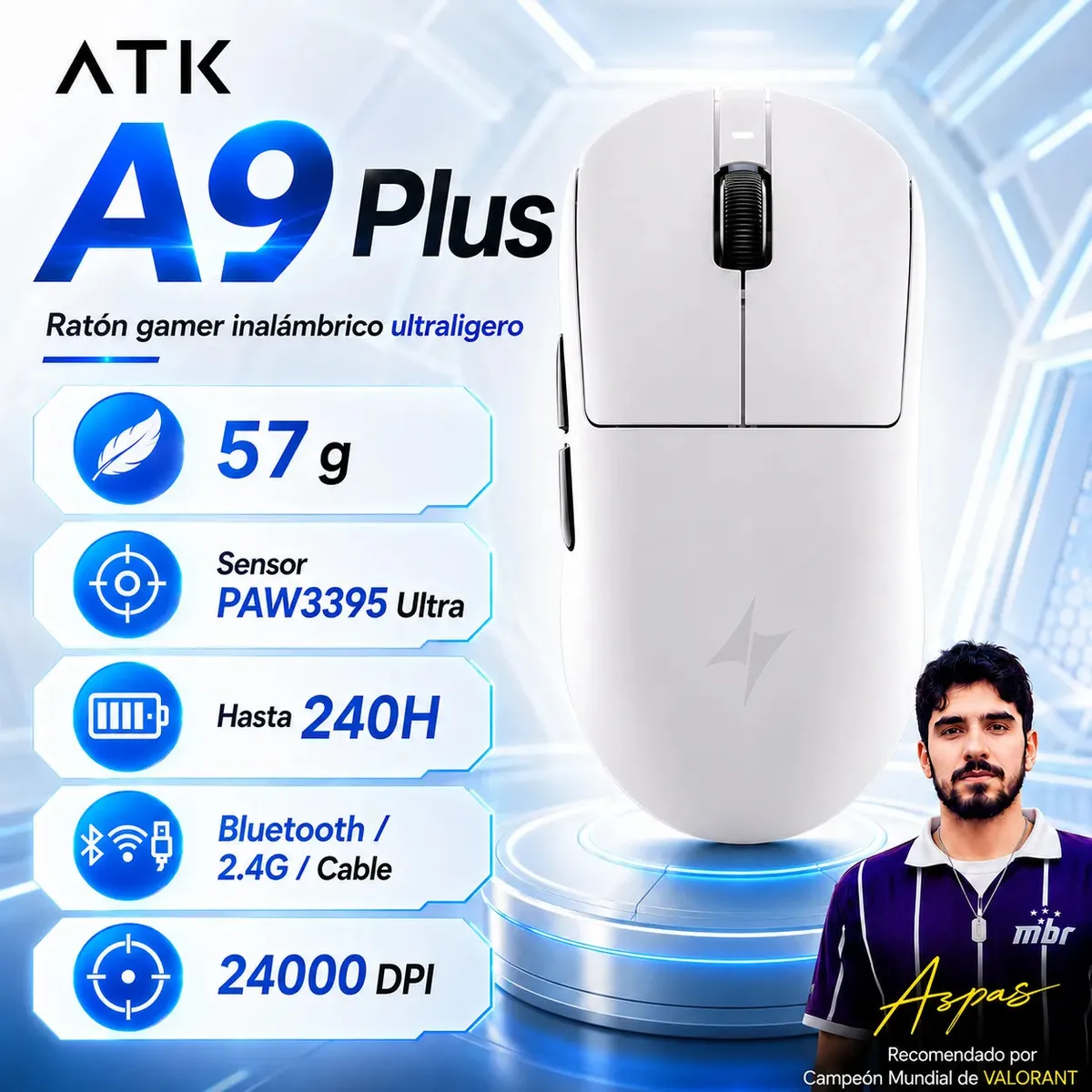 ATK A9 PLUS Mouse Gamer Inalámbrico Recargable, Ratón Inalambrico, Mouse Bluetooth Ergonomico Ultraligero 57g, Sensor PAW3395 Ultra, 800mAh, Hasta 240H, Bluetooth/2.4G/Cable, 24000 DPI Para FPS