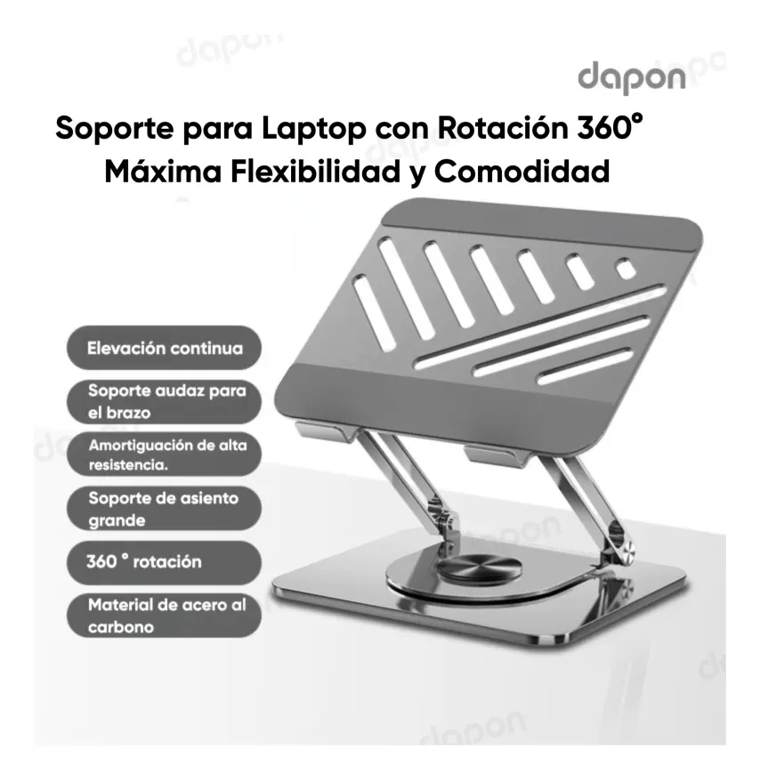 Base Soporte Para Laptop Dapon Z5 Pro | Rotación 360°, Altura Ajustable, Diseño Ergonómico, Ventilación Abierta, Soporta 10kg, Antideslizante, Compatible Con Laptops Y Tablets Hasta 15.6 , Color Gris